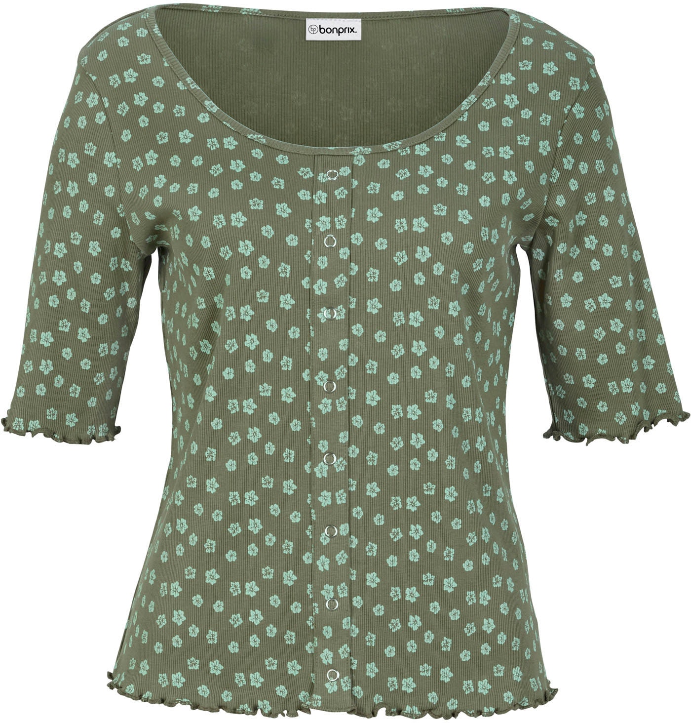 bonprix T-Shirt »Ripp-Shirt mit Blumendruck, Halbarm« bequeme Passform, Halbarm-Design, mit Blumendruck, aus Baumwolle