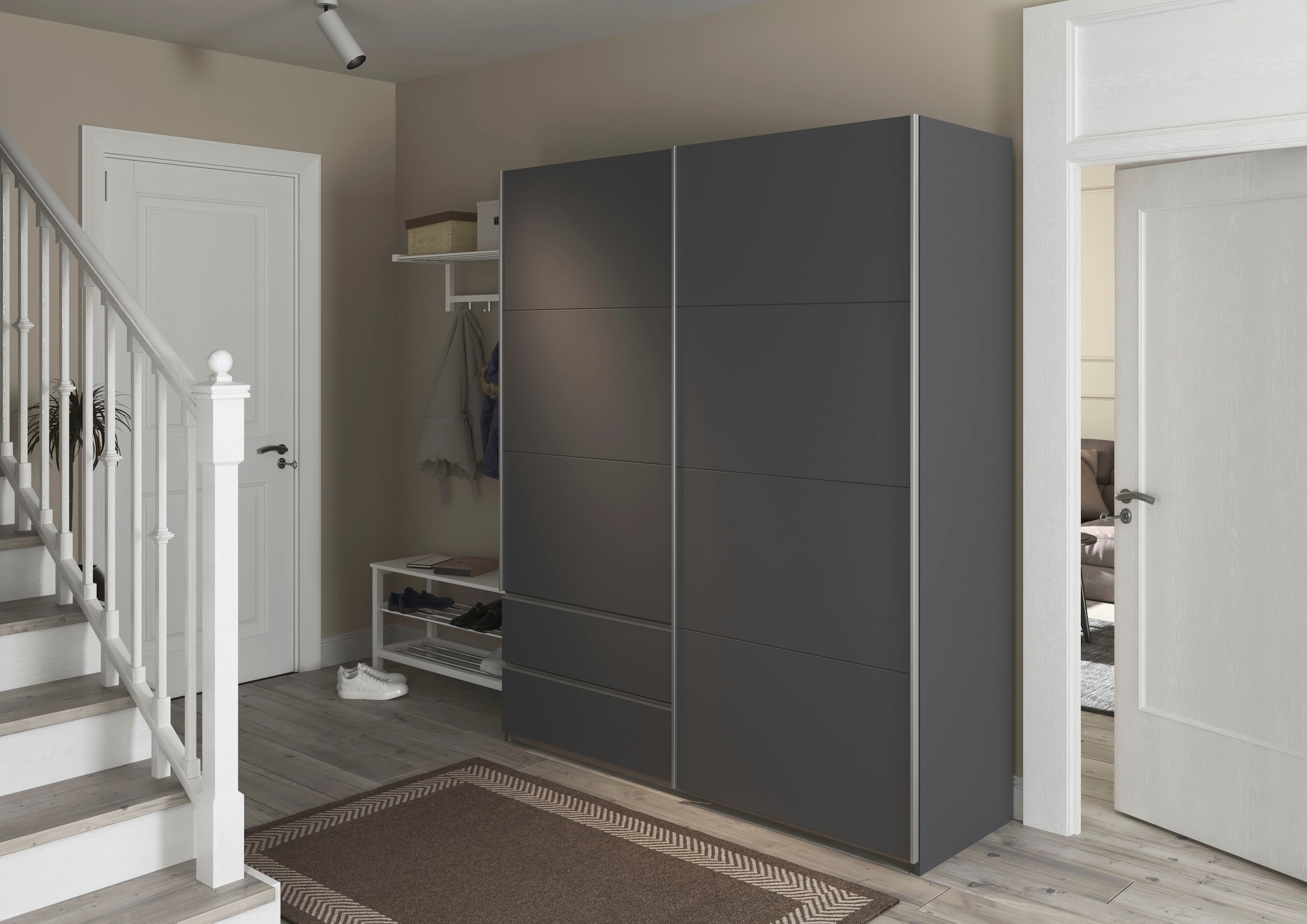 rauch Schwebetürenschrank »Kleiderschrank Schrank Garderobe Wäscheschrank SEVILLA«, (in 3 verschiedenen Ausstattungen BASIC/CLASSIC/PREMIUM), Metall-Griffleisten alufarben oder Graumetallic MADE IN GERMANY