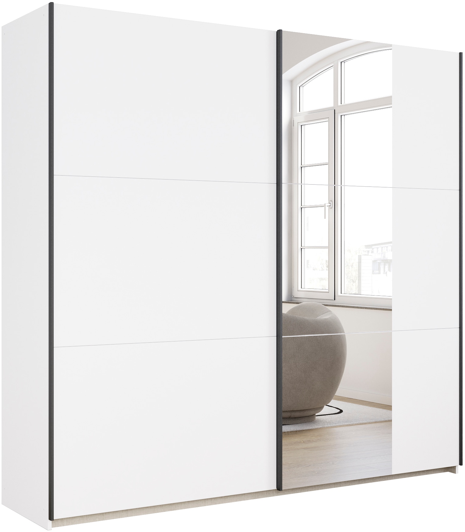 rauch Schwebetürenschrank "Kleiderschrank Drehtürenschrank Schrank Garderobe KRONACH" in 3 Ausstattungen BASIC/CLASSIC/PREMIUM, Breiten 131/175/218/261 cm, optional ohne, mit 1 oder 2 Spiegel, viel Stauraum MADE IN GERMANY