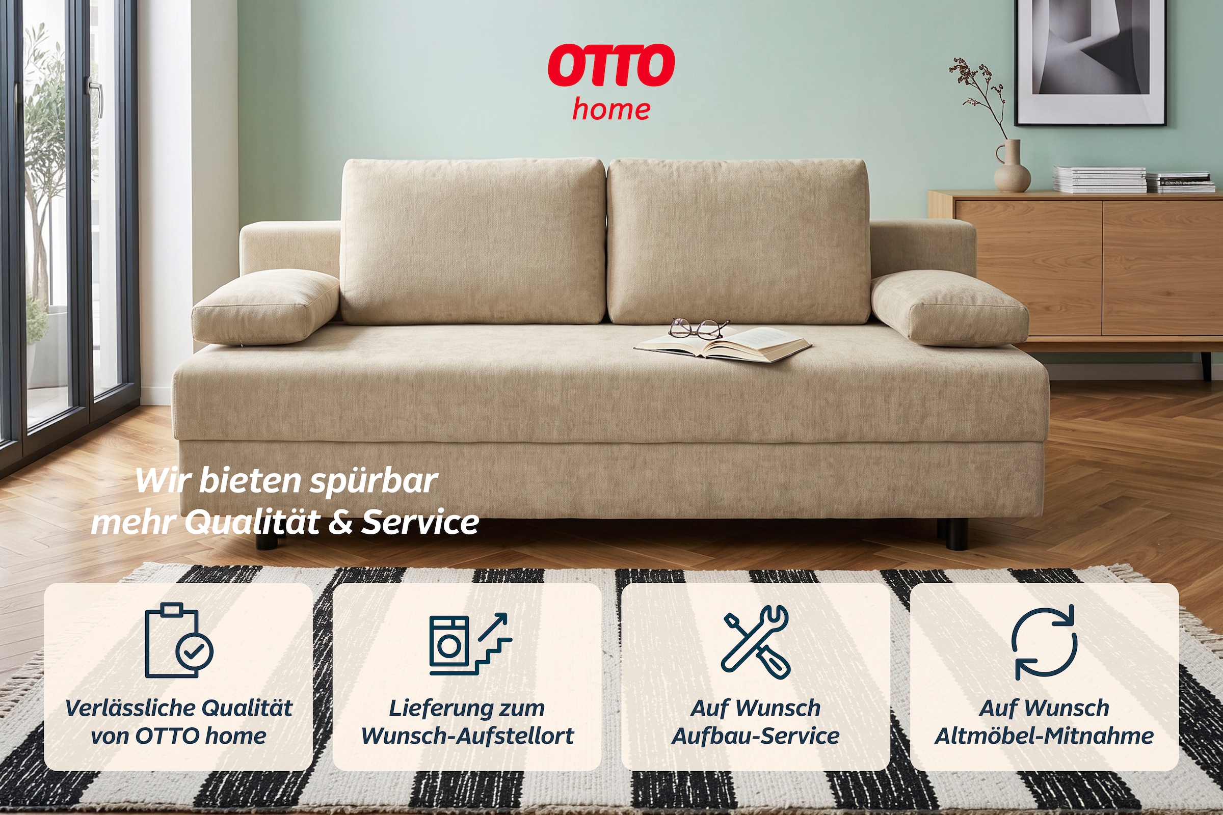 OTTO home Schlafsofa »ONNIKO, Breite: 192 cm, Liegefläche 121x192 cm, Feinstruktur-Bezug« mit Bettfunktion & Bettkasten