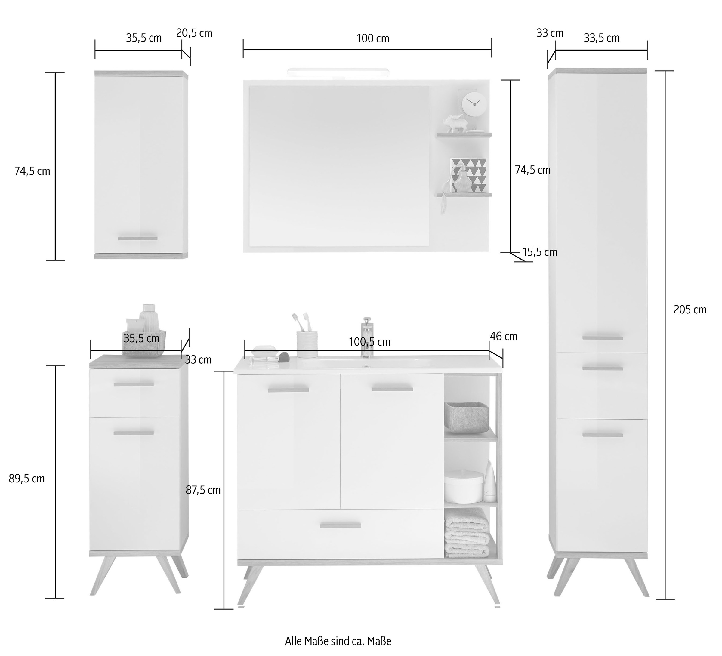 Saphir Badmöbel-Set »Quickset Mineralmarmor-Waschtisch mit LED-Spiegel, Unterschrank«, (7 St.), Hängeschrank, Hochschrank, 6 Türen, 2 Schubladen, 7 Glas-Einlegeböden