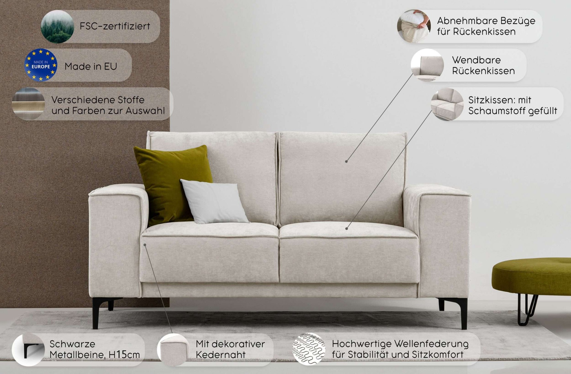 2-Sitzer OTTO HOME "Kompaktsofa Oland, Struktur, Flachgewebe, Luxus-Microfaser, Boucle", cream, B:164cm H:85cm T:83cm, 100% Polyester, Sofas, 164 cm, Wellenunterfederung, Skandi-Design, Metallfüße 2