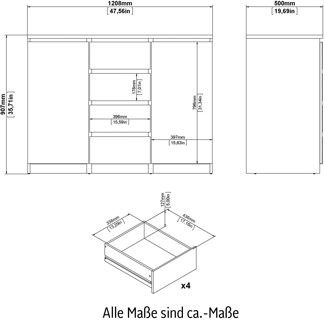 Home affaire Kommode »Naia«, abgerundeten Schubladenkanten auf Metallgleiter, Breite 120,6 cm