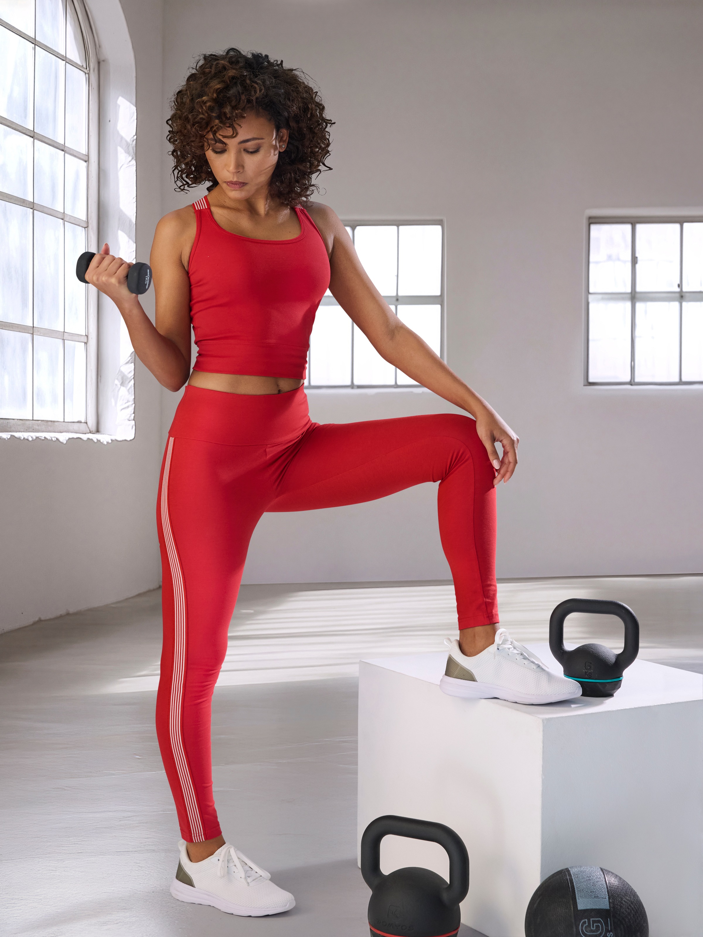 Leggings H.I.S, Damen, Gr. L (44/46), N-Gr, rot, Single Jersey, Obermaterial: 95% Baumwolle, 5% Elasthan, unifarben, Basic, körpernah lang, Hosen Leggings, mit Streifentape