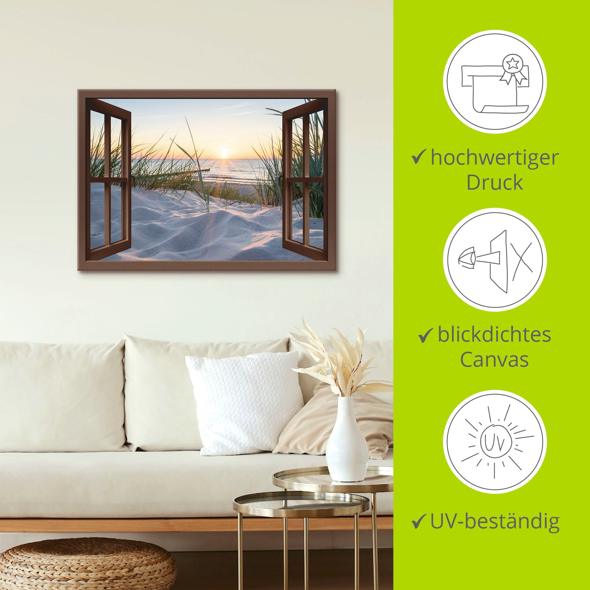 Artland Wandbild »Ostseestrand durchs Fenster«, Meer Bilder, (1 St.), als Alubild, Outdoorbild, Leinwandbild, Wandaufkleber, versch. Größen