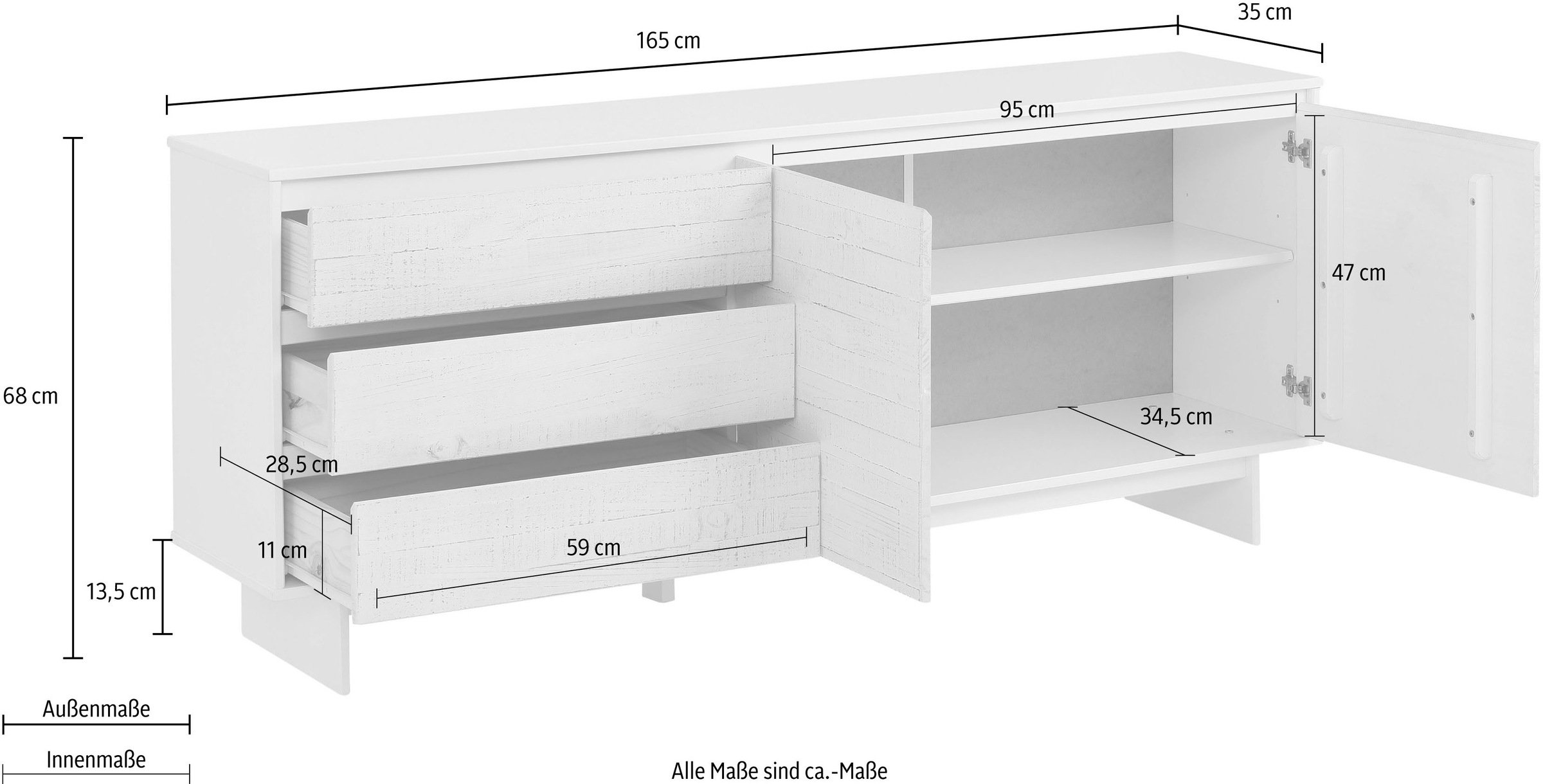 Home affaire Sideboard »Morgan«, aus massivem Kiefernholz, mit eingefrästen Griffmulden, Breite 165 cm