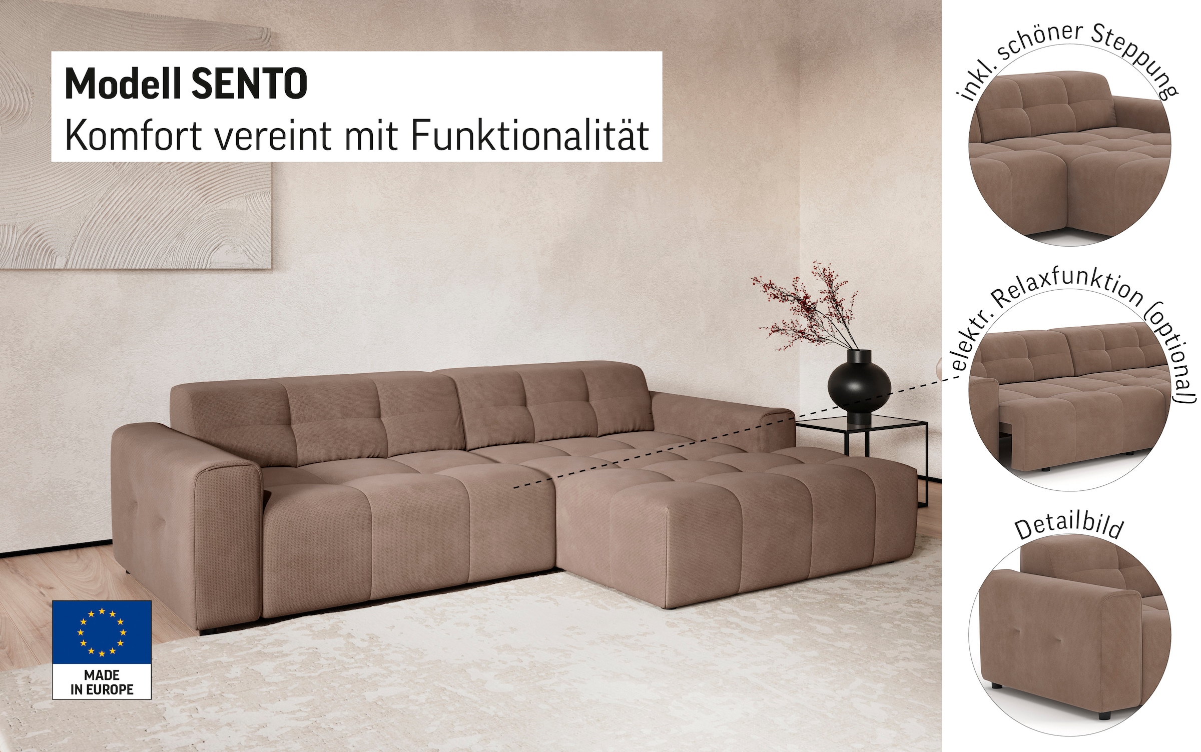 COTTA Ecksofa »Sento L-Form, B: 280 cm, Chenille-Struktur, XXL Recamiere B: 133 cm« optional elektrische Sitztiefenverstellung, kubisch, bequemer Sitz