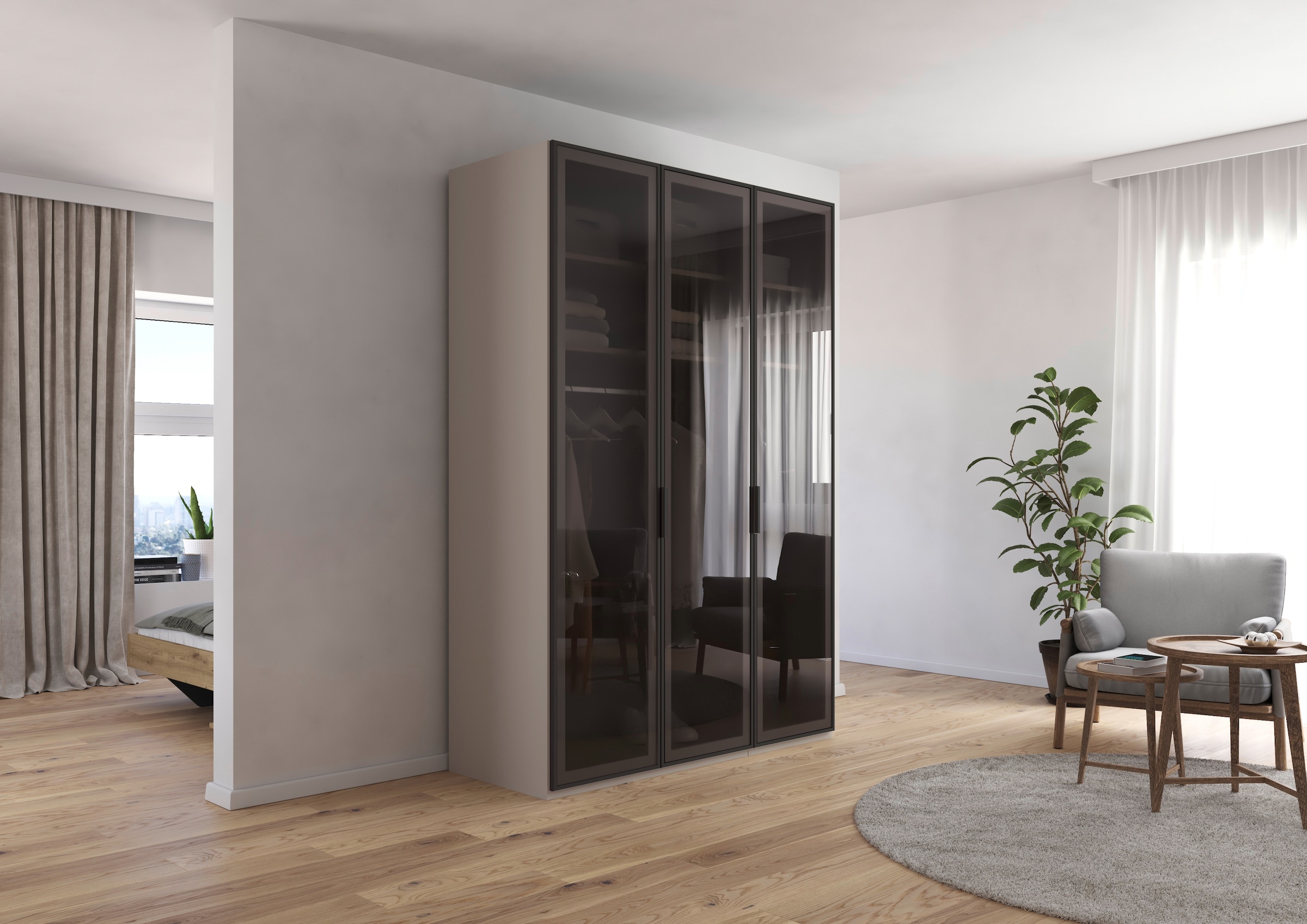 rauch Kleiderschrank »Schrank Garderobe SKAT SHINE Breiten 151/201/251/301cm, Höhe 223/235cm« 3 verschiedene Ausstattungen BASIC/CLASSIC/PREMIUM (inkl. SOFT-CLOSE),  edle Schrankfront mit hochwertigen Glasrahmentüren MADE IN GERMANY