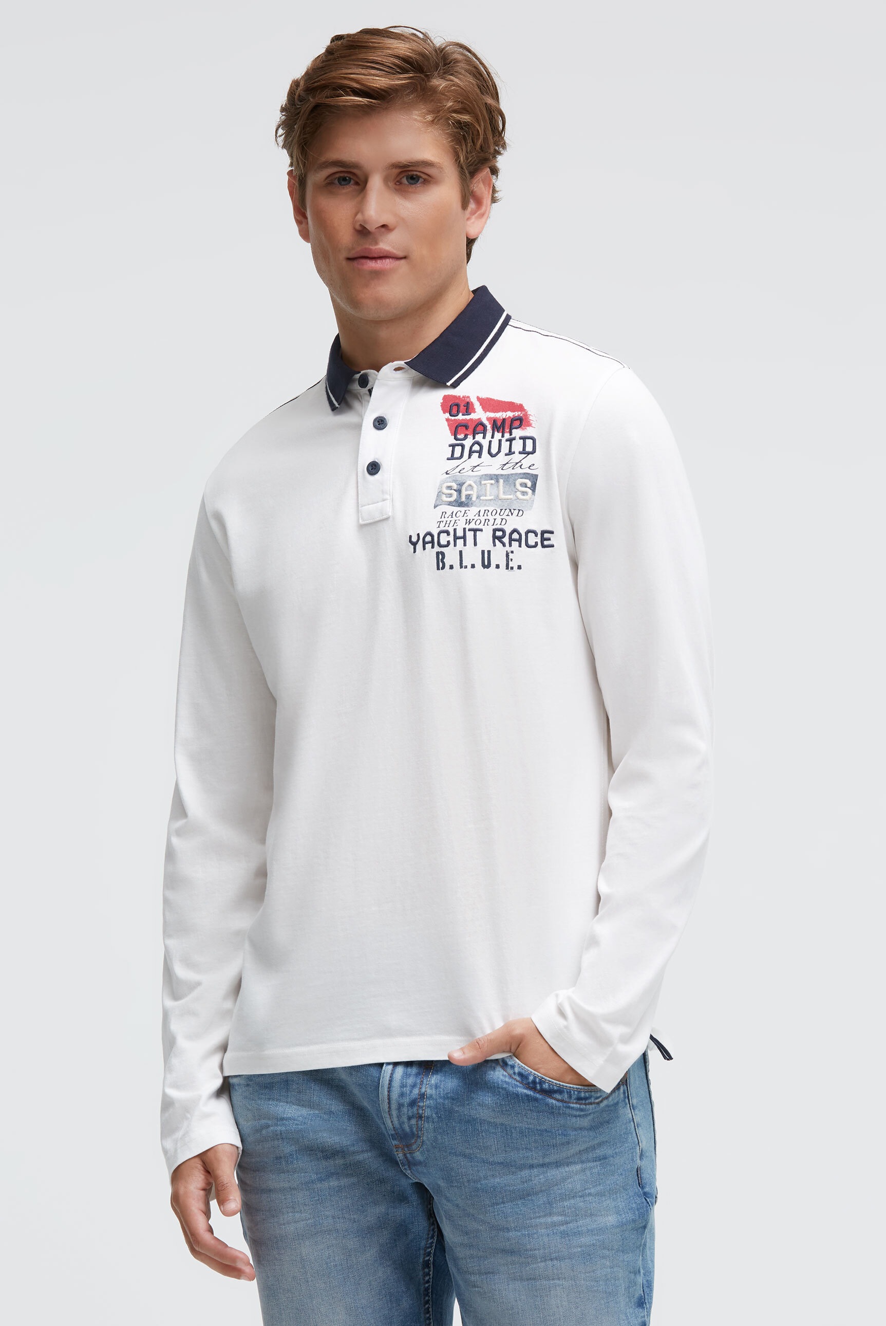 Langarm-Poloshirt CAMP DAVID, Herren, Gr. M, weiß, Piqué, Material: 100% Baumwolle, bedruckt, bestickt, regular fit normal, hoch geschlossener Ausschnitt, eingesetzt gerader Abschluss, Shirts, aus Baumwolle 2
