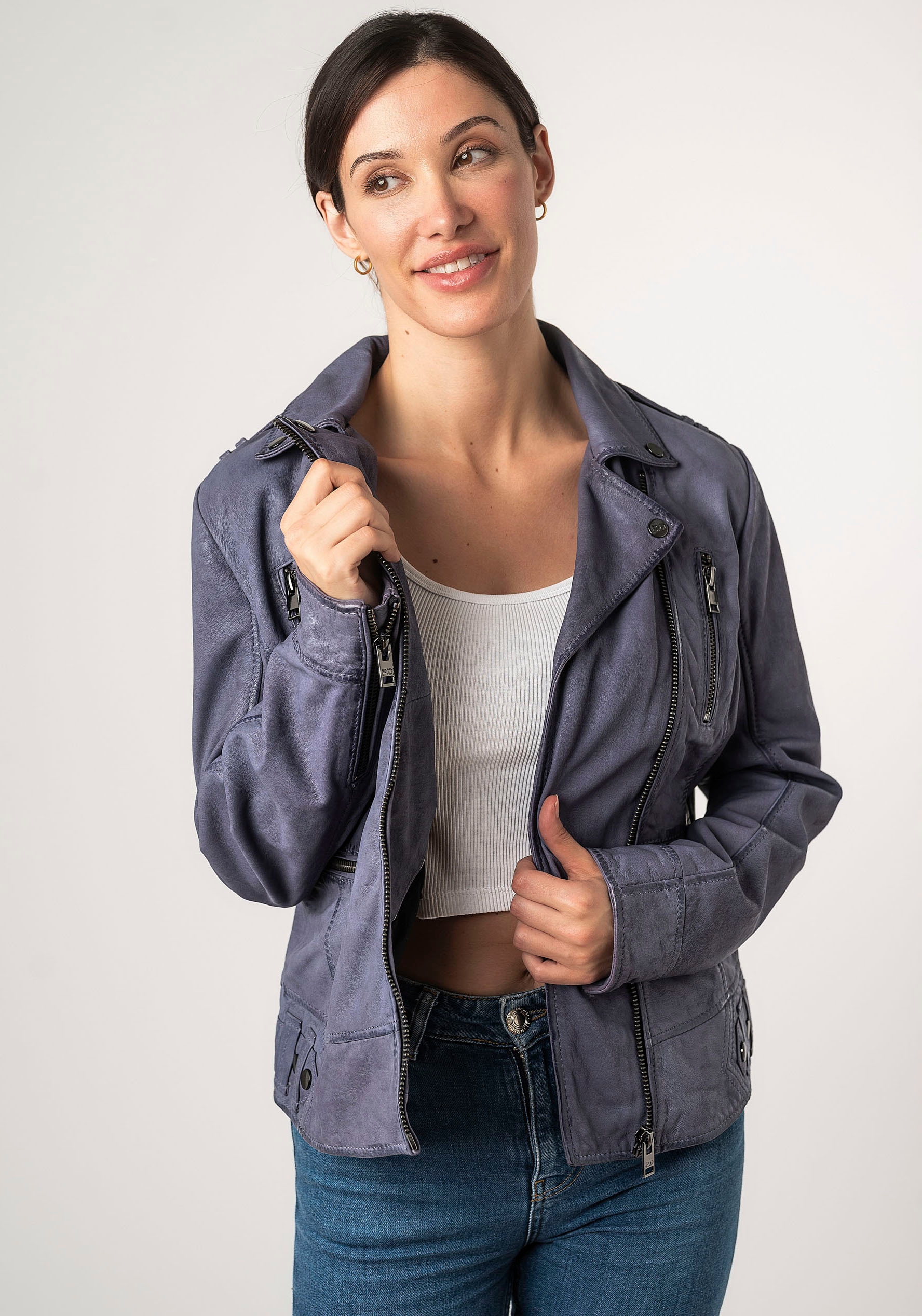 Mauritius Lederjacke »2Wtashi«, mit Schulterklappen, mit Nieten, mit Zipper-Taschen