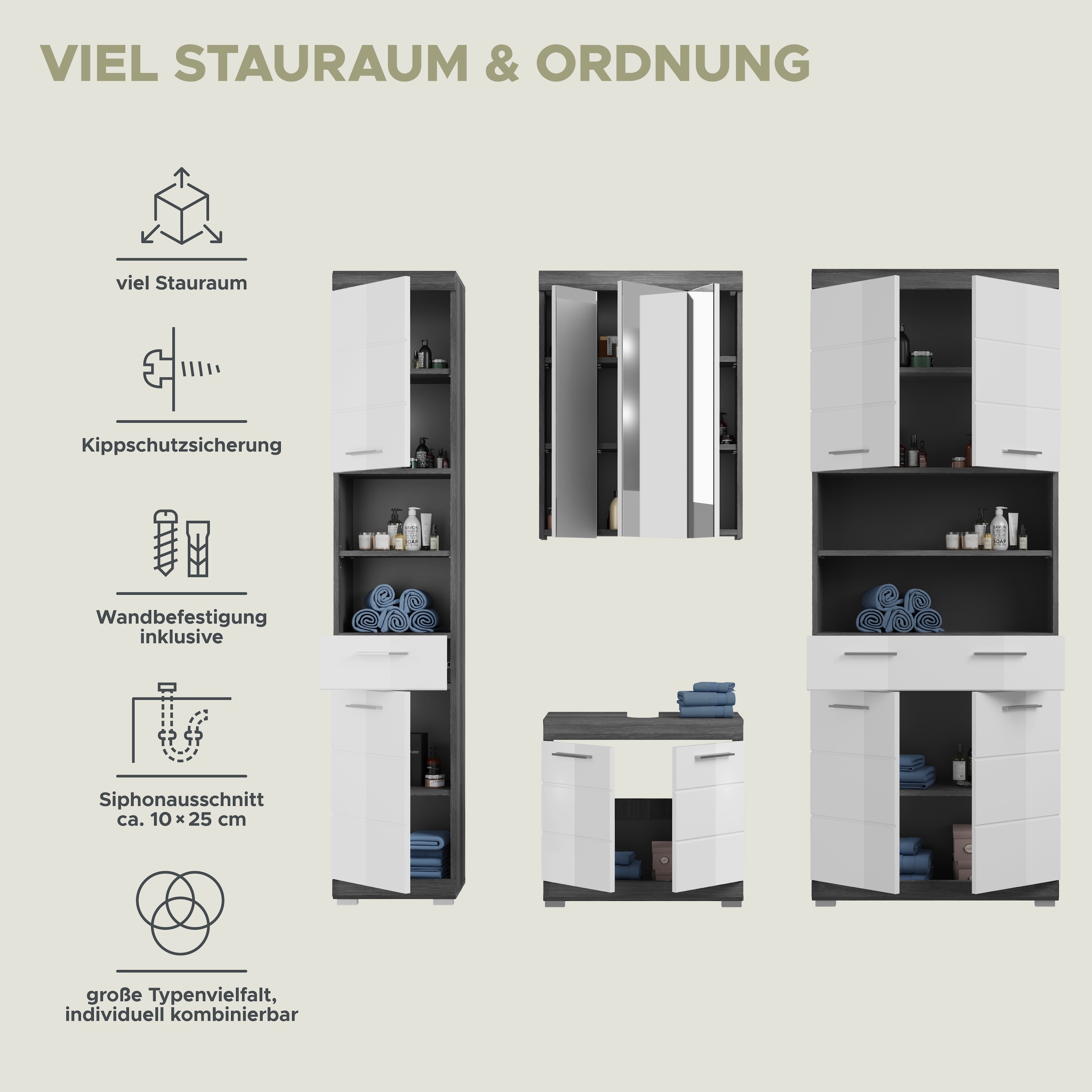 INOSIGN Badmöbel-Set »Siena, 4 teilig, bestehend aus:«, (Set, 4 St.), Hochschrank schmal, WBU, Spiegelschrank, Hochschrank breit