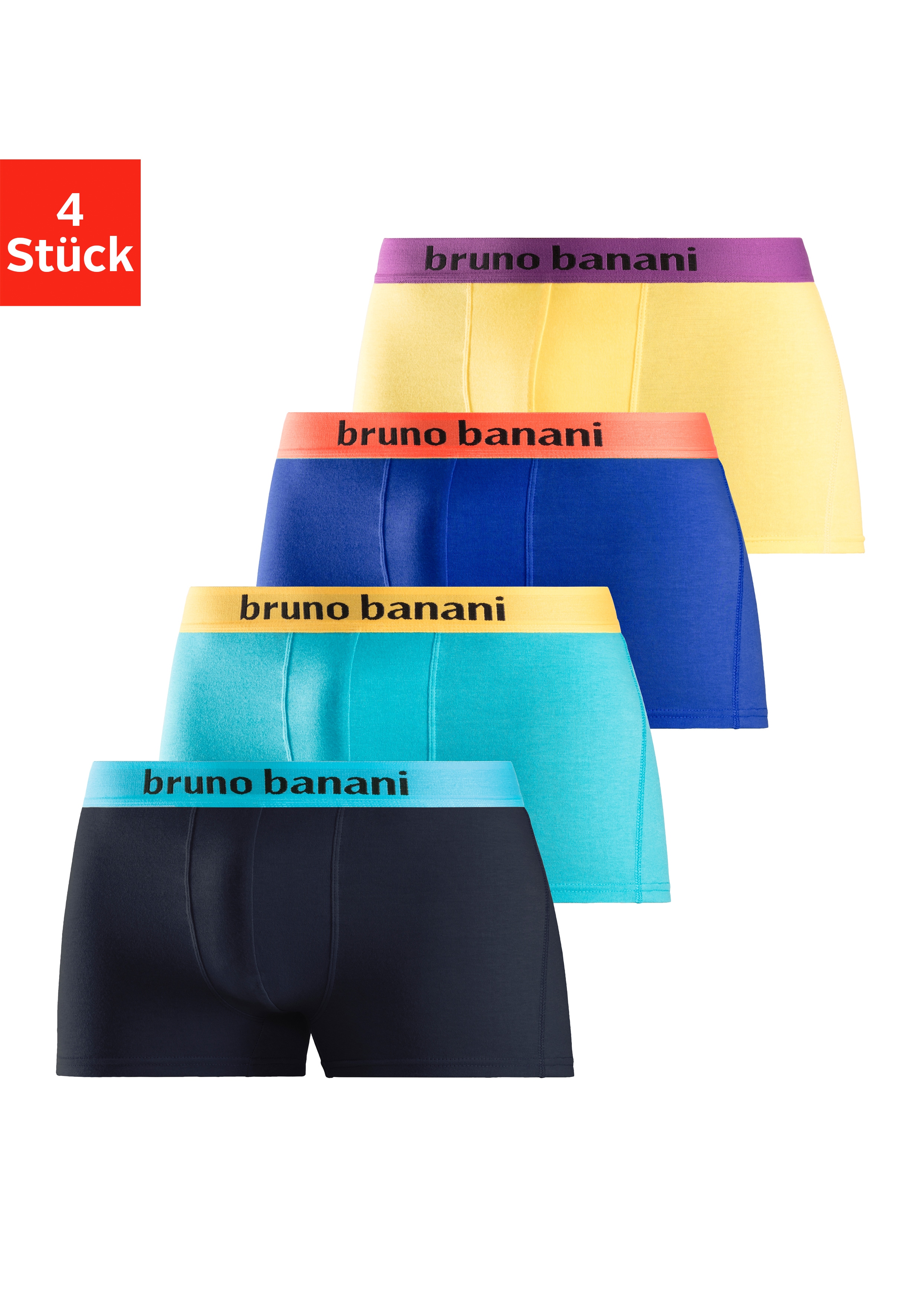 Bruno Banani Boxer "Boxershorts für Herren" Packung, 4 Stk. mit farbigen Marken-Schriftzug am Bündchen