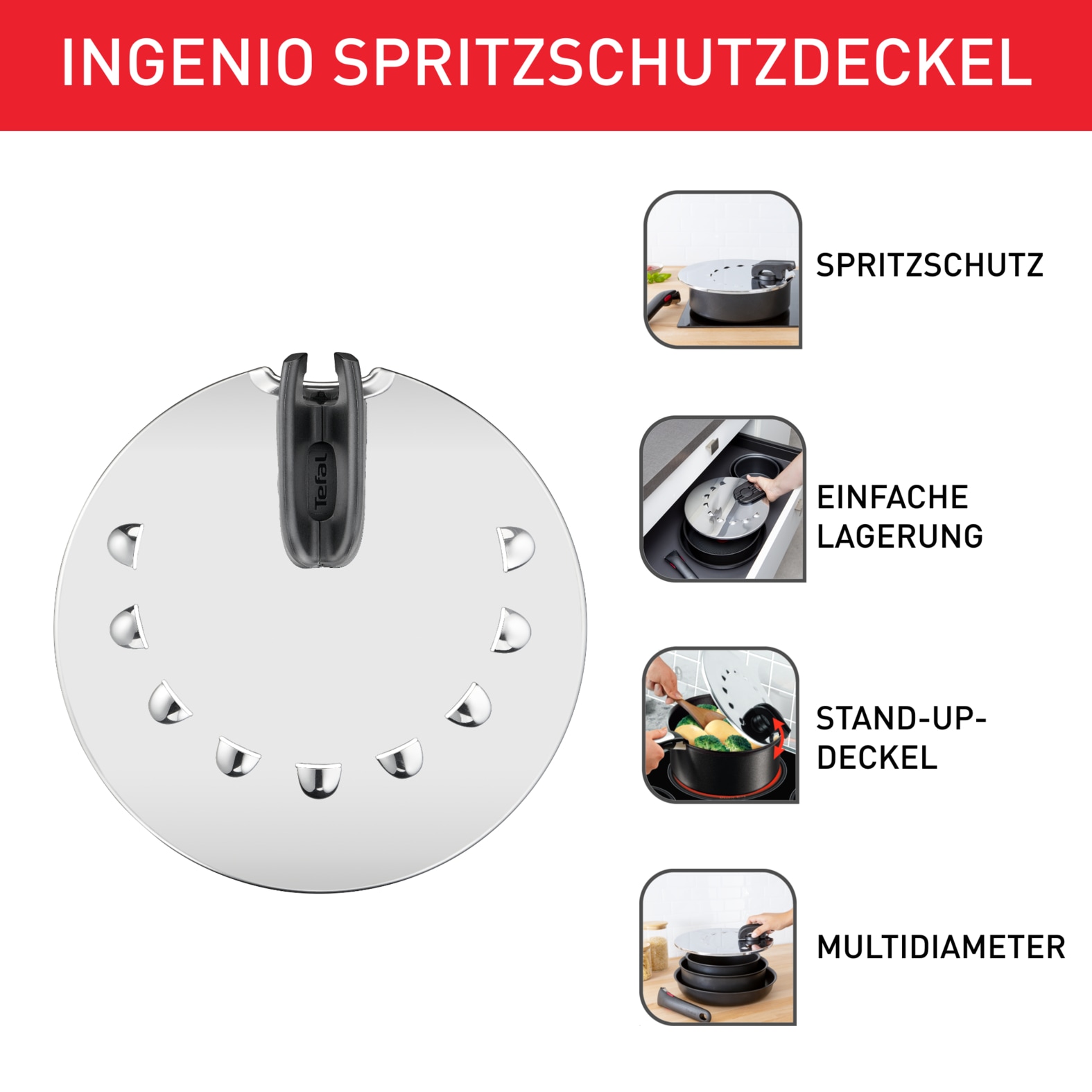 Tefal Universaldeckel »Tefal L98298 Ingenio«, (1 tlg.), 20-28 cm, mit Ingenio Töpfen und Pfannen kompatibel