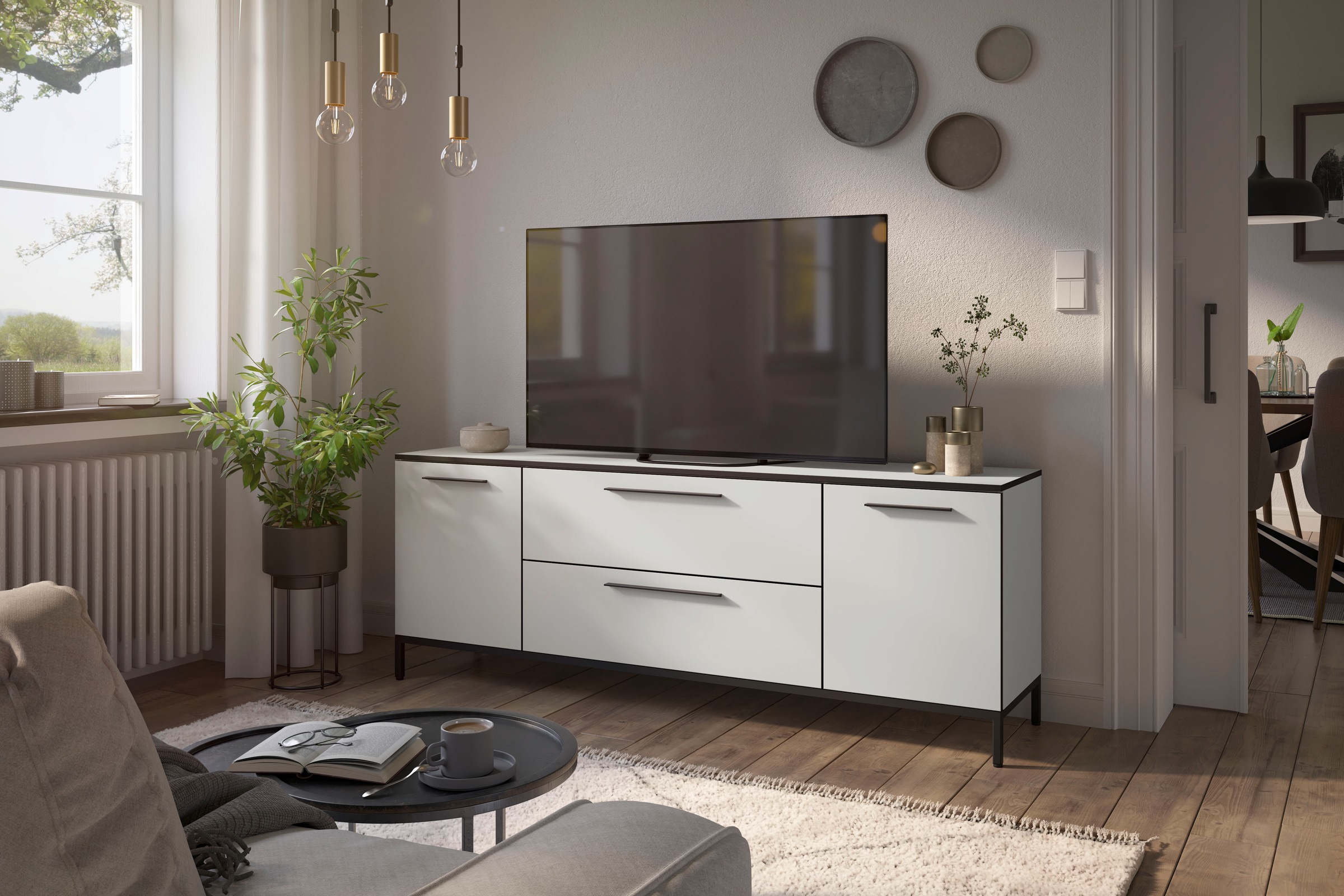 Manjana Möbel Lowboard "mit Schwarz matten Metallgriffen" günstig online kaufen