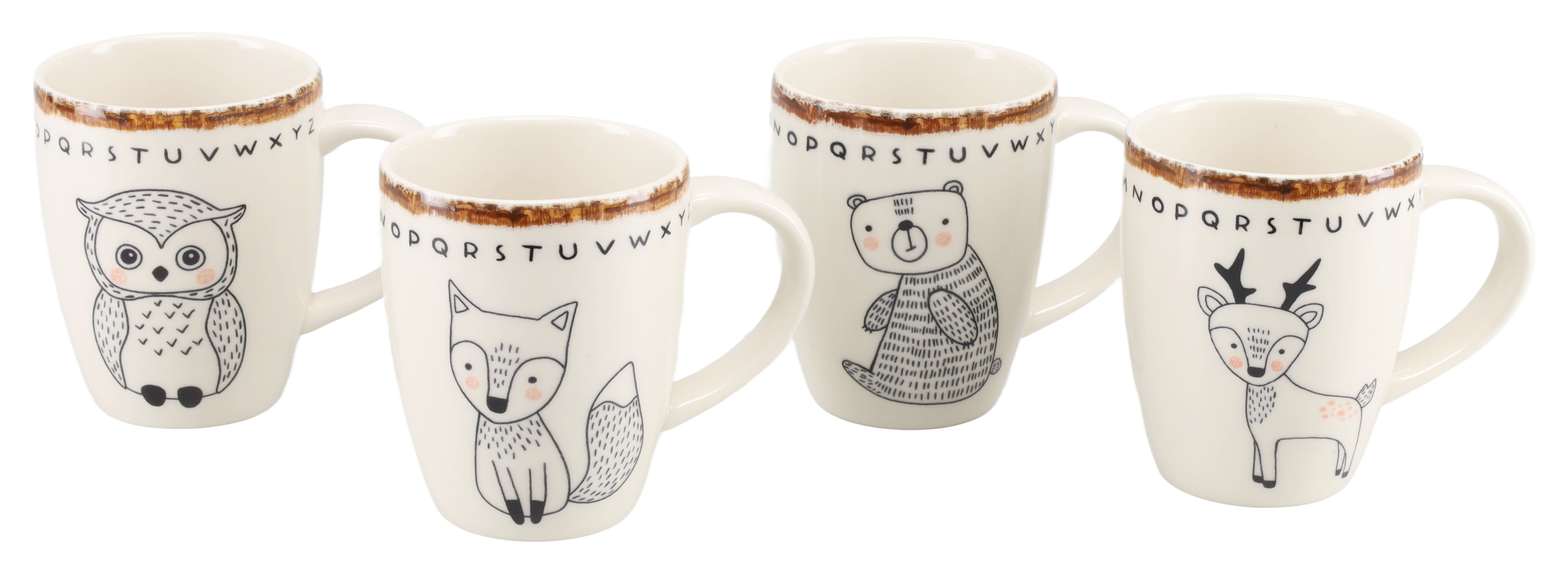 CreaTable Becher "Freunde des Waldes, Becher-Set 4-tlg." Tiermotive, skandinavischer Stil, unregelmäßiger brauner Rand