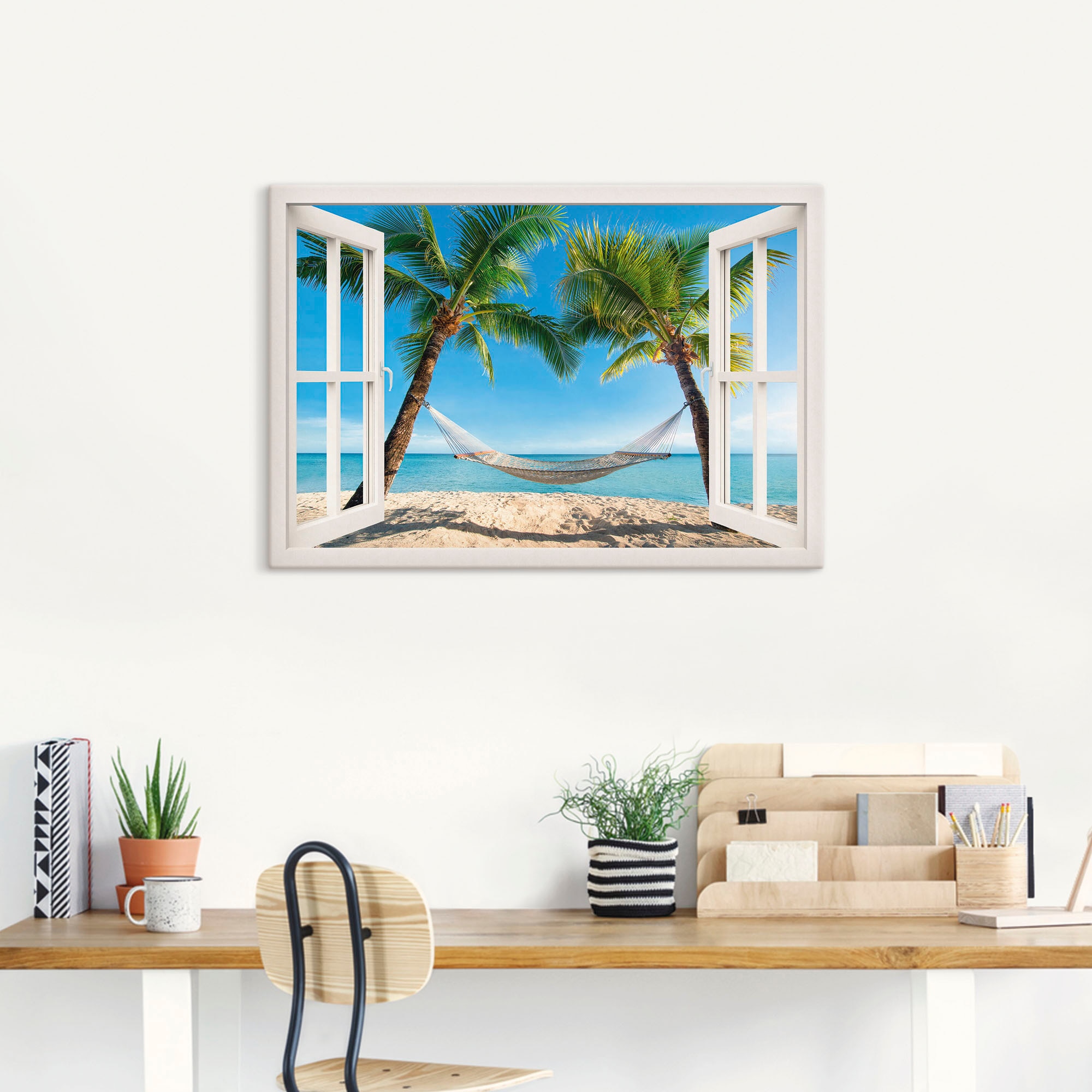 Artland Wandbild »Fensterblick Palmenstrand Karibik«, Amerika, (1 St.), als Alubild, Outdoorbild, Leinwandbild, Poster, Wandaufkleber