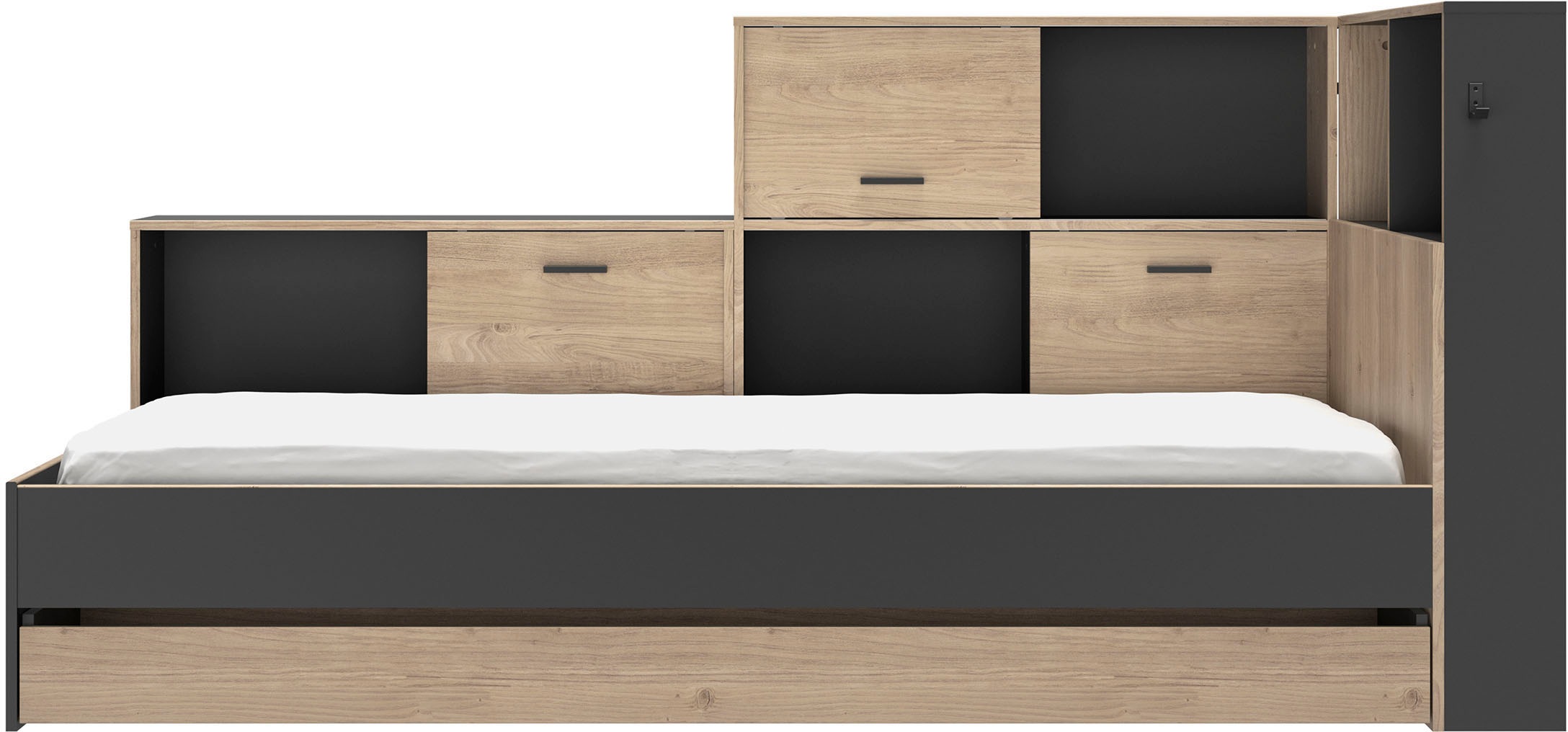 Stauraumbett GAMI "TONIGHT", braun (kastanie natur, schwarz), B:221cm H:104cm L:120cm, Betten, Stauraumbett, mit großer Schublade und Ablagefächern 3