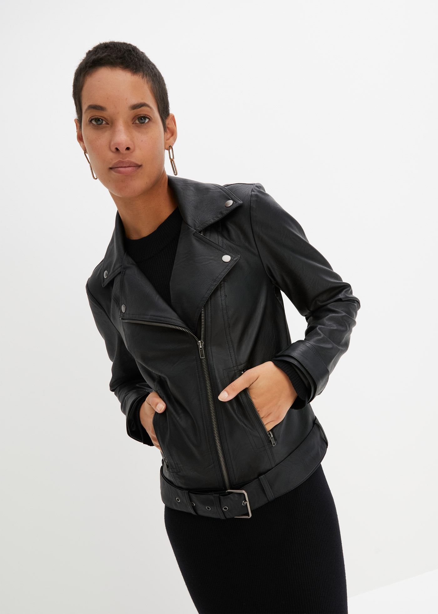 bonprix Bikerjacke mit Gürtelschlaufen und abnehmbarem Gürtel am Bund, aus günstig online kaufen