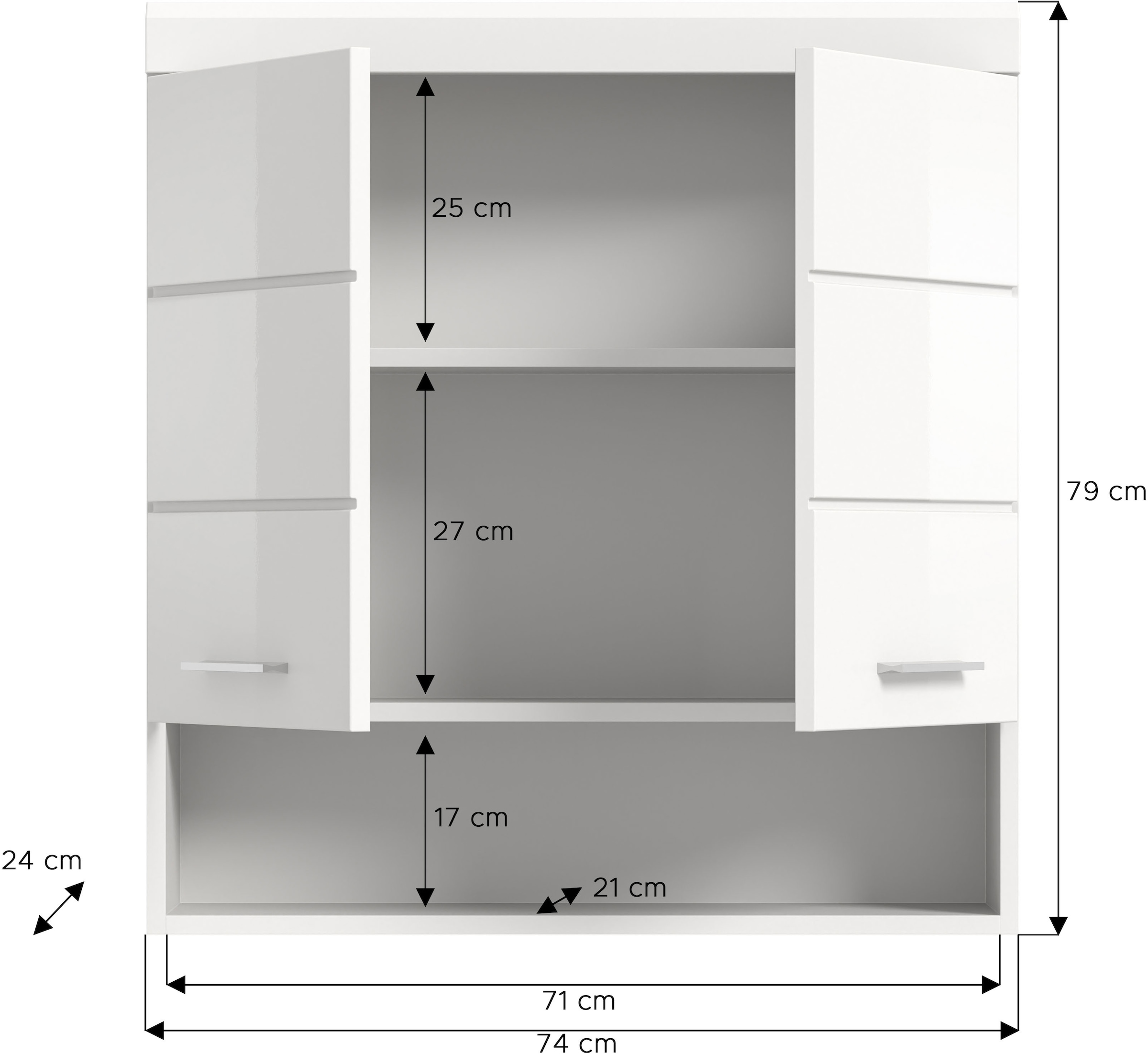 INOSIGN Hängeschrank »Siena, Breite 74cm, 2 Türen, 1 offenes Fächer, MDF-Front«, in verschiedenen Farben erhältlich, Badmöbel, Badschrank, Schrank, Bad