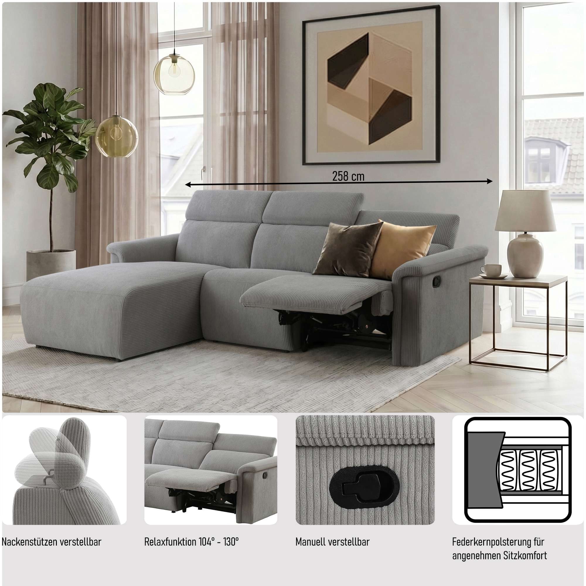 OTTO home Ecksofa »LUND, Struktur-Bezug, L-Form, 258cm, man./elektr. Relaxfunktion (USB)« USB-A/C bei elektrischer Variante und Kopfteilverstellung