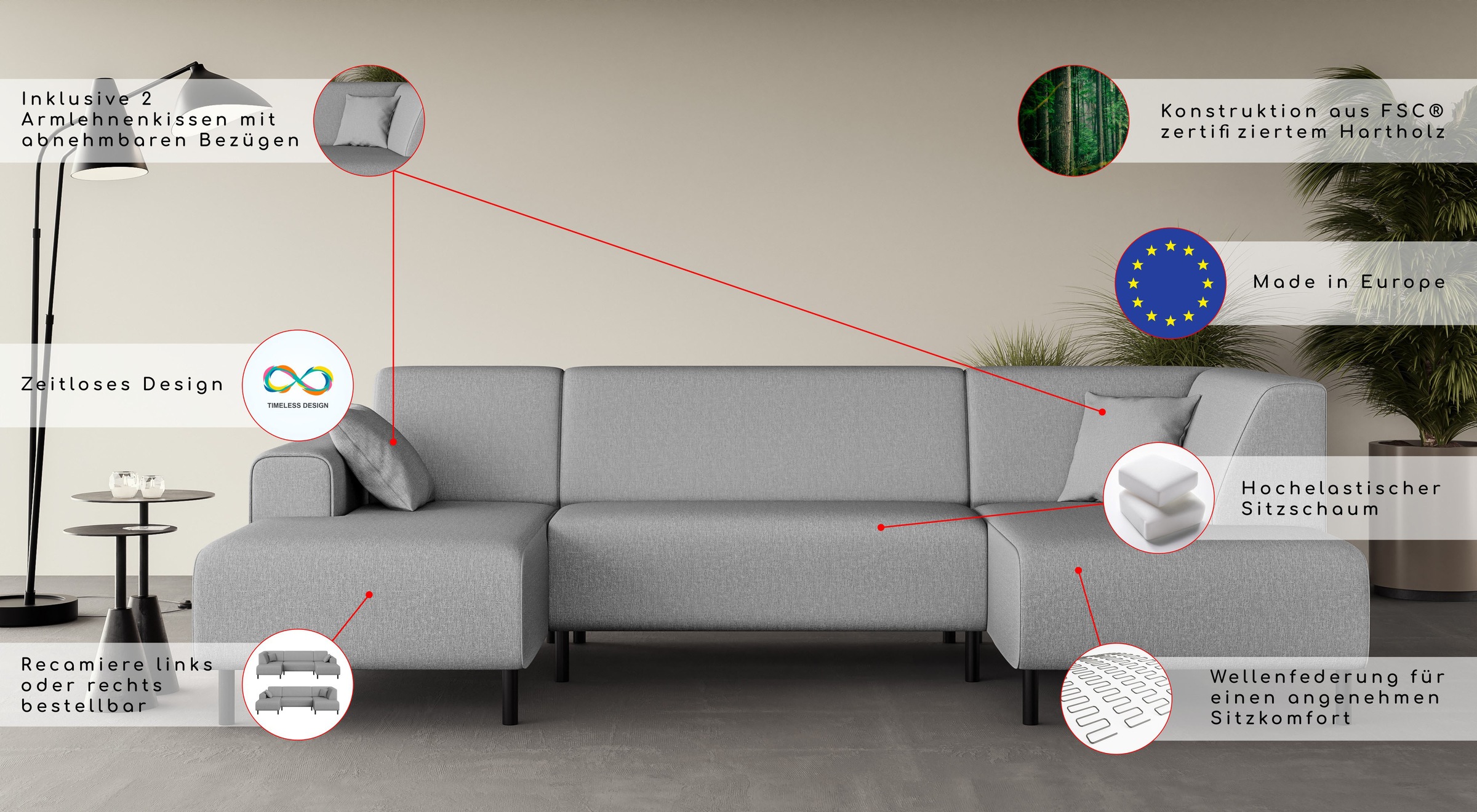Home affaire Wohnlandschaft »ARROS U-Form mit Wellenunterfederung, Maße B/T/H: 300/163/81 cm« incl. Zierkissen, mit Recamiere links/rechts bestellbar, auch in Cord