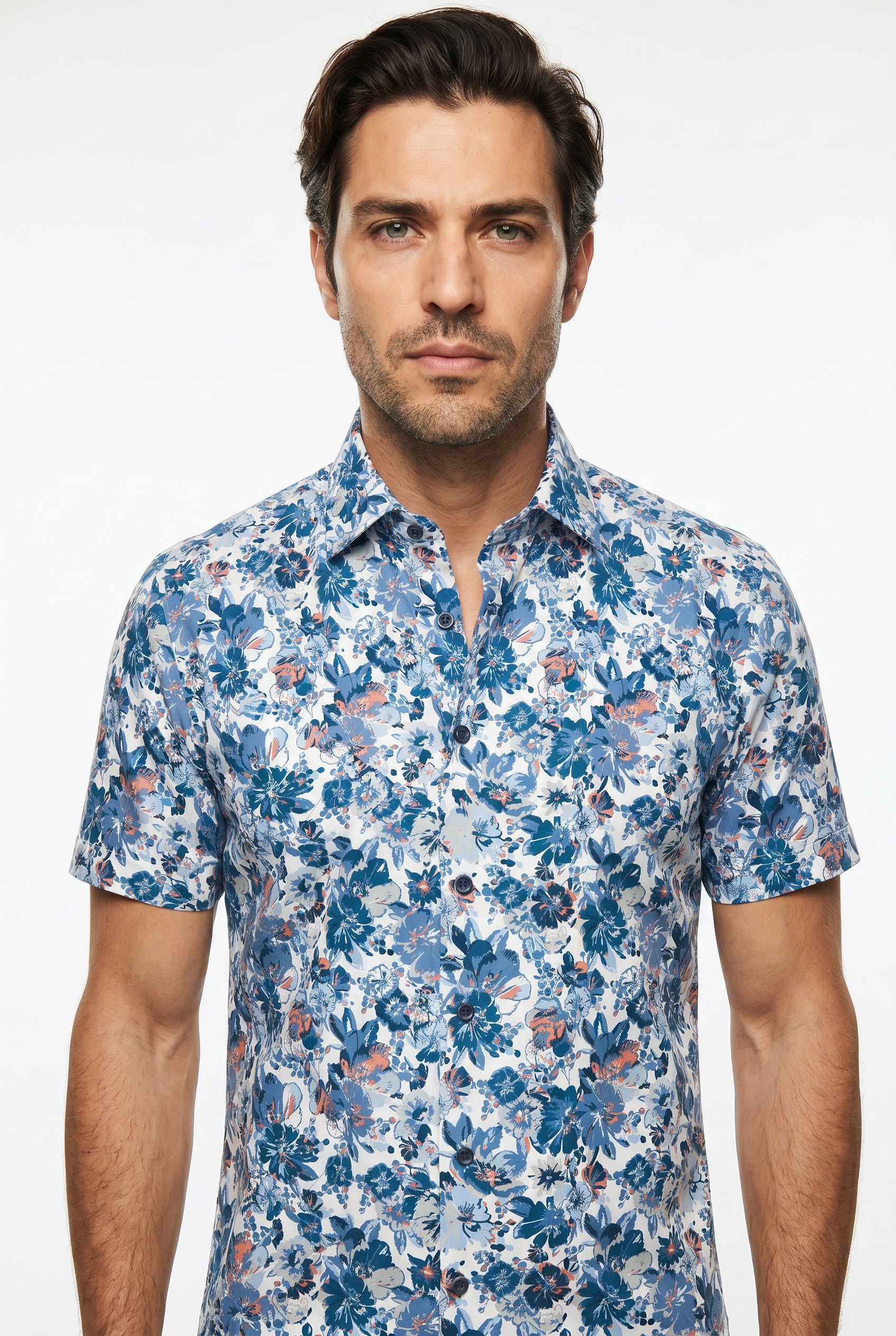 OLYMP Kurzarmhemd "LUXOR" Blume-Alloverpint, Businesshemd, modern fit
