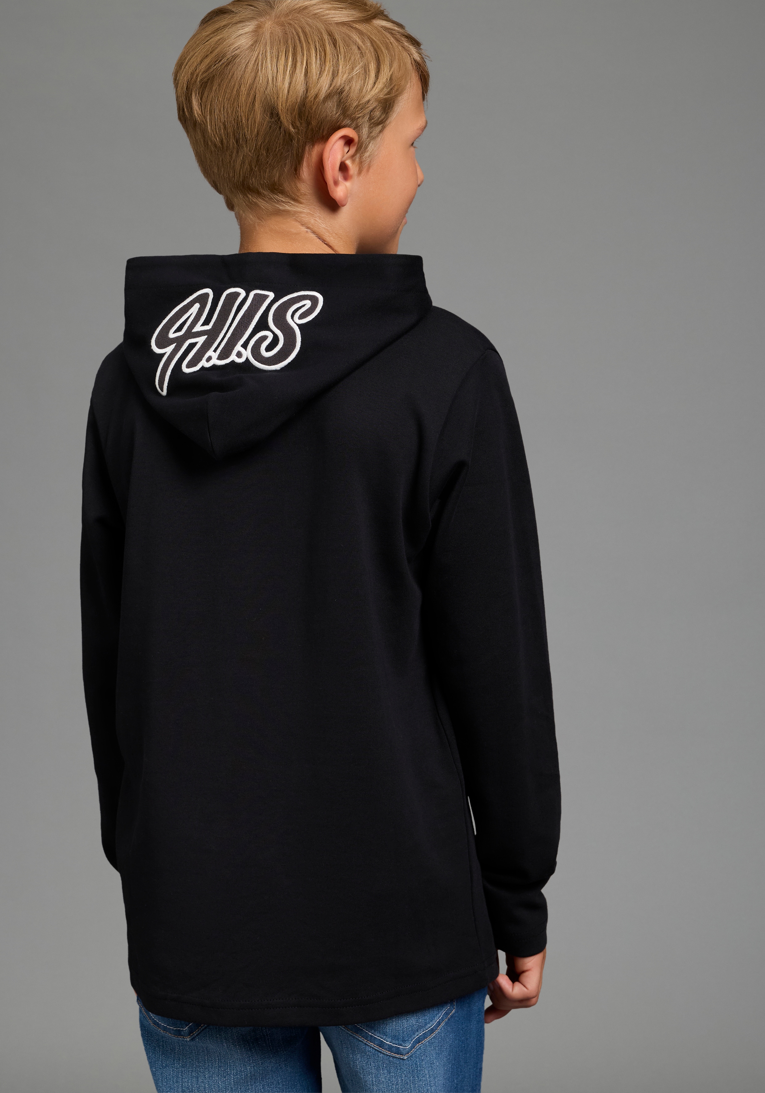 H.I.S Kapuzenshirt "Shirt mit großer H.I.S Stickerei auf der Kapuze" H.I.S Logo, hüftlange Basic-Passform, Langarm-Design, modischer Stil