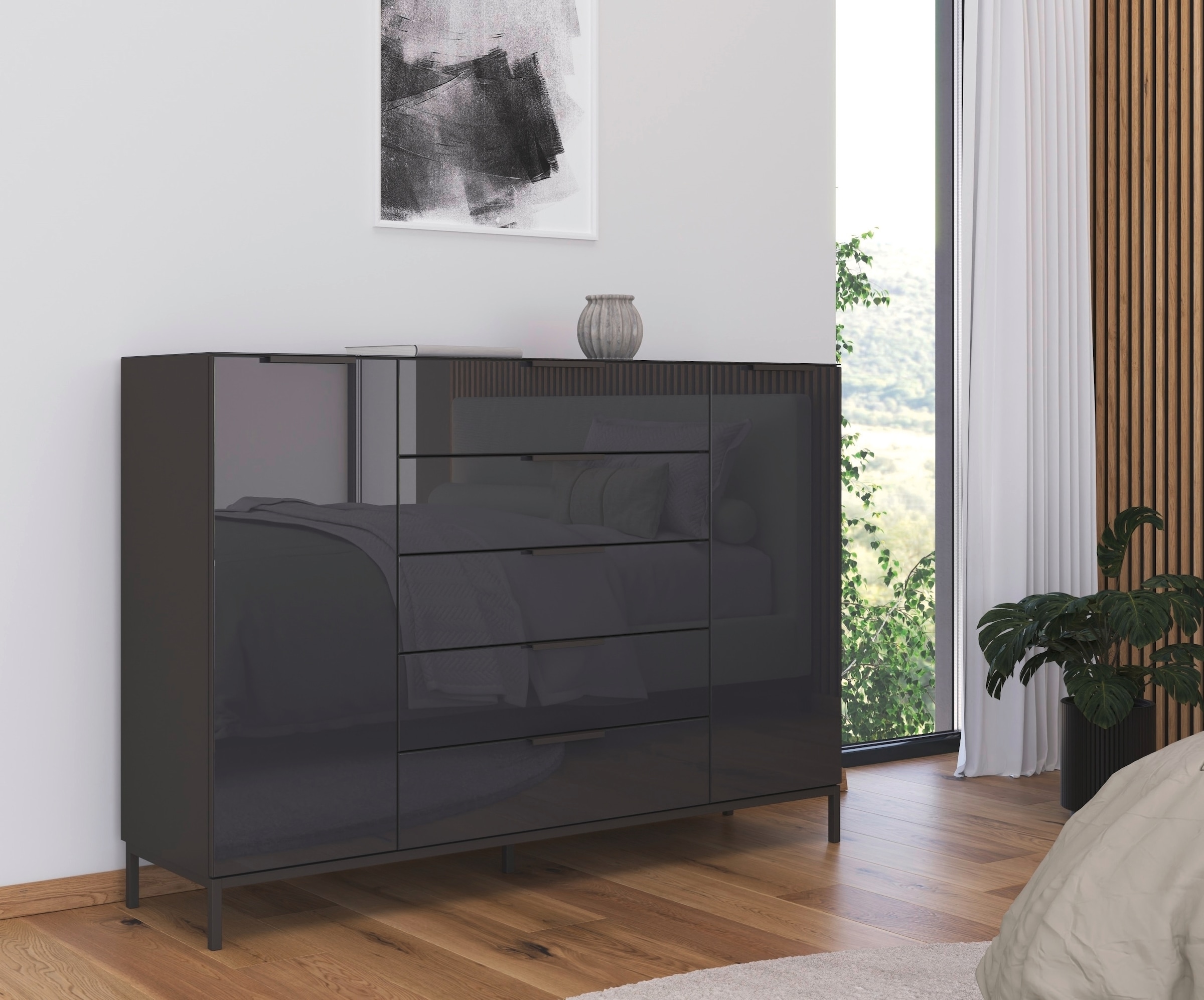 rauch Schubkastenkommode »Kommode Türkommode Sideboard Kombikommode FLIPP mit Glasfront«, (Breite 160/180 cm mit 4 Einlegeböden), 2-türig, 5 Schubladen, Soft-Close, Oberboden und Front Glas, 2 Breiten