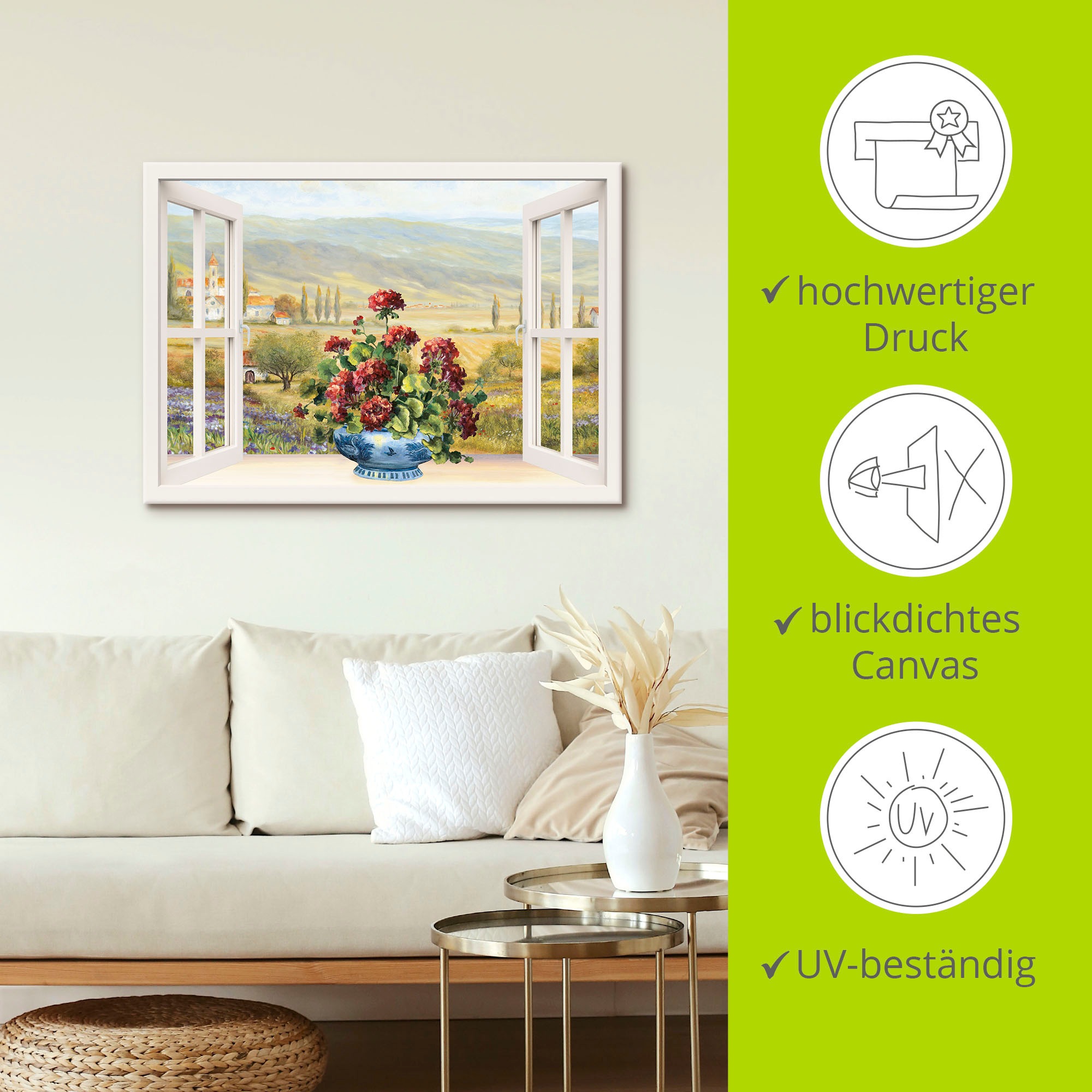 Artland Leinwandbild »Blumenbouquet am weißen Fenster«, Fensterblick, (1 St.), auf Keilrahmen gespannt