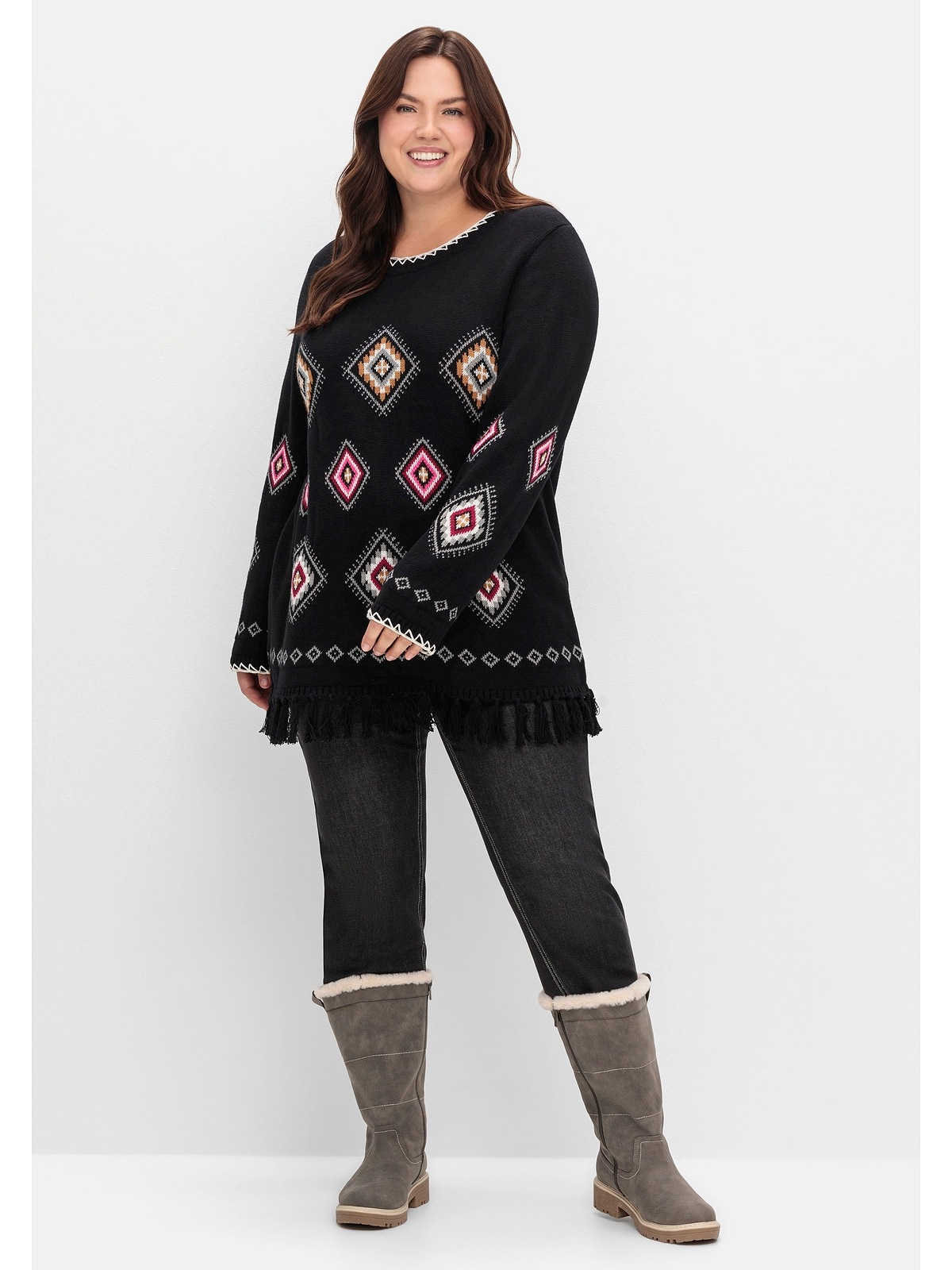 Sheego Strickpullover »Große Größen«, mit Ethnomuster und Fransen