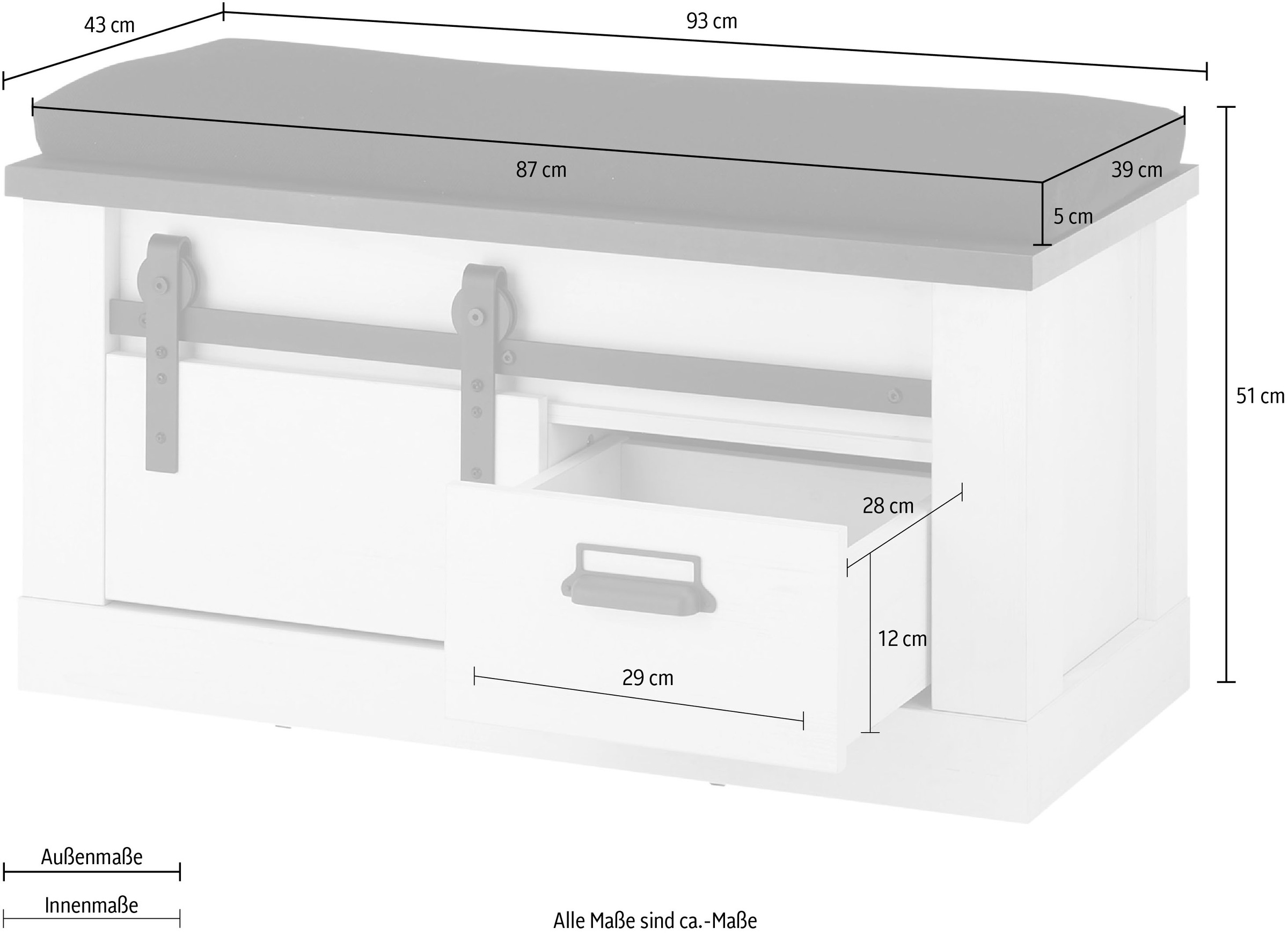 Home affaire Sitzbank »SHERWOOD«, modernes Holz Dekor, mit Scheunentorbeschlag aus Metall, Breite 93 cm