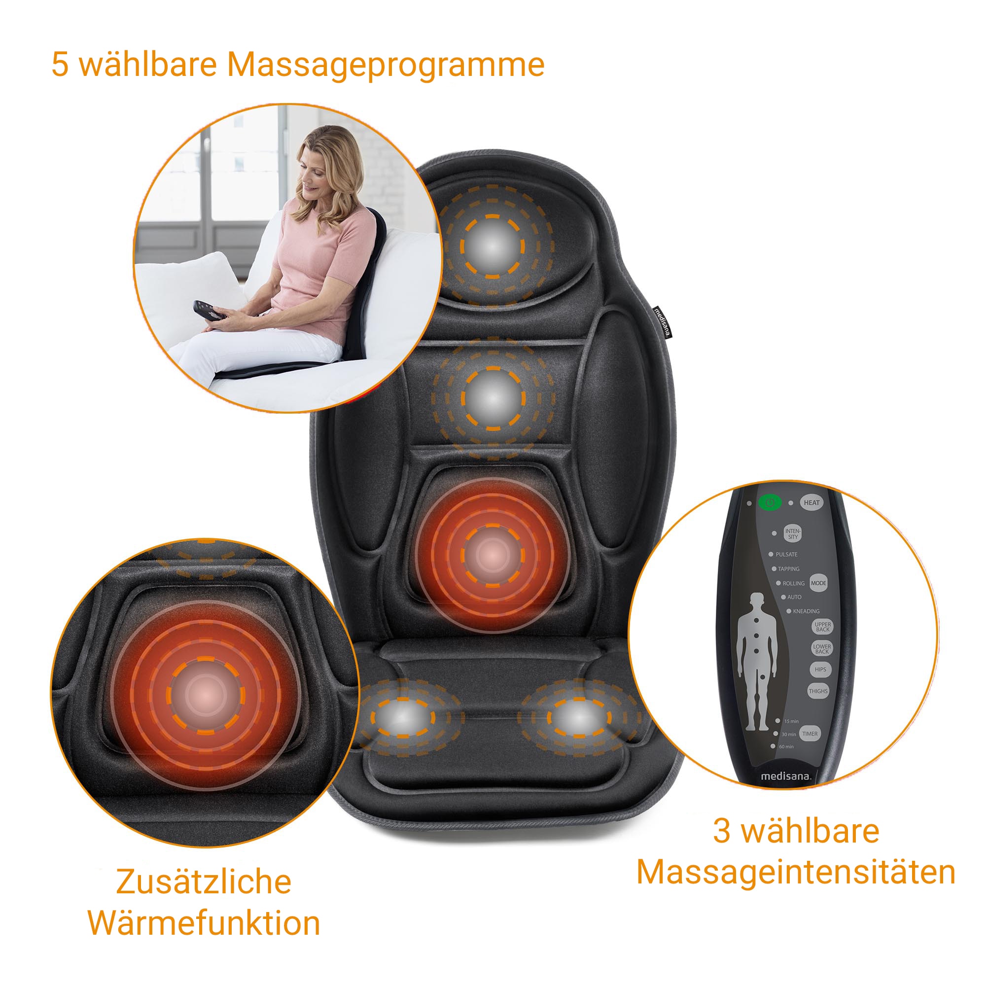 Medisana Massagesitzauflage »MCH 88935«, 4 Massagezonen, 3 Intensitäten, 5 Programme, zuschaltbare Wärme