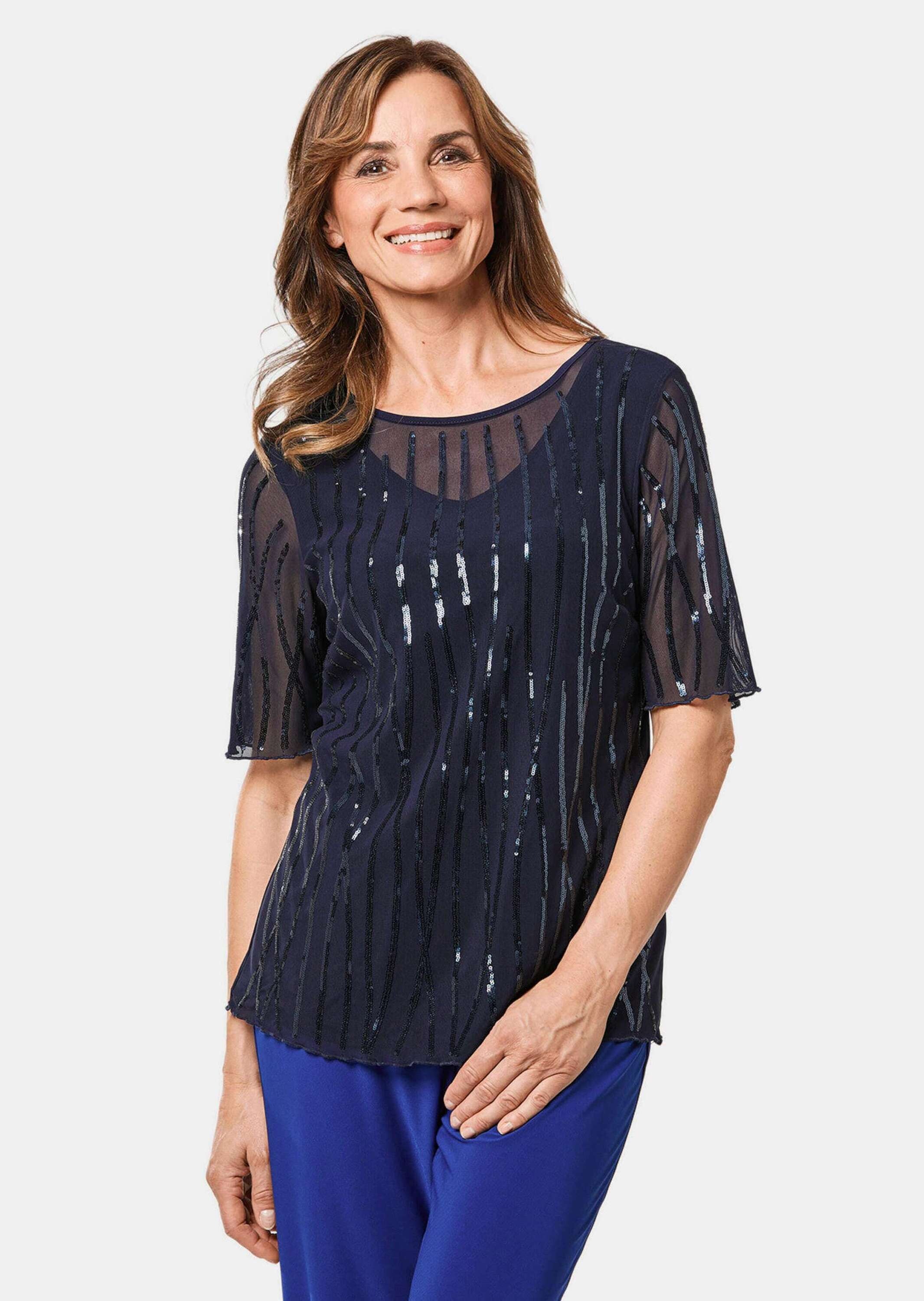 GOLDNER Langarm-Poloshirt "Kurzgröße Mesh-Shirt mit funkelnden Pailletten" günstig online kaufen