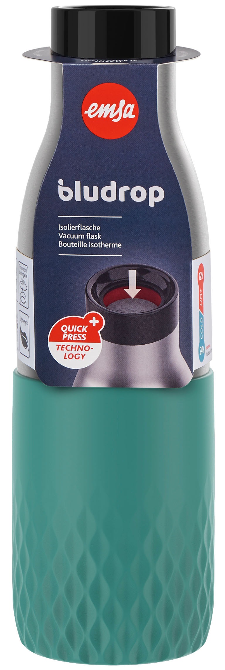 Emsa Trinkflasche "Bludrop Sleeve" Edelstahl/Silikon, Quick-Press, 12h warm günstig online kaufen