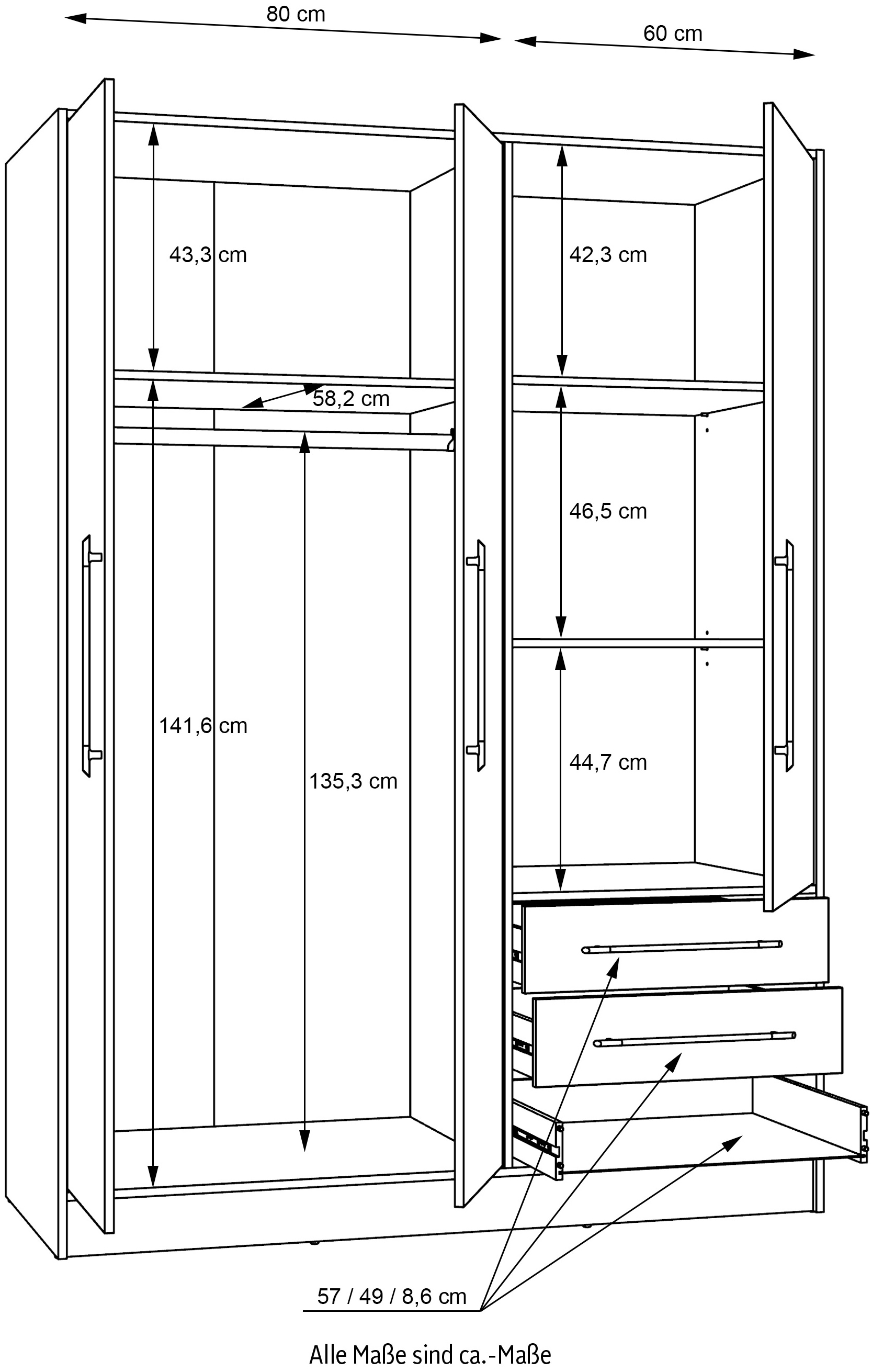 FORTE Kleiderschrank »Jupiter, Made in Europe, mit Schubladen«, viel Stauraum, 2 Breiten und 4 Farben