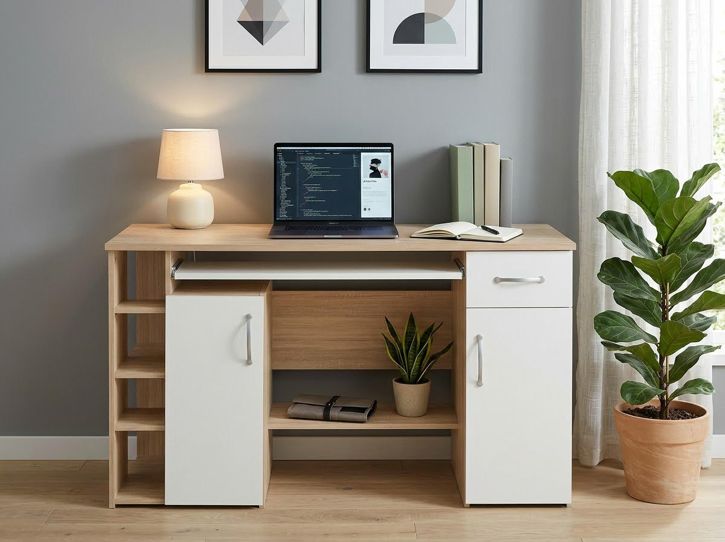 VOGL Möbelfabrik Schreibtisch "Tim mit seitlich offenen Fächern & Tastaturauszug," Druckerablage, 1 Schublade, Breite 138 cm, Made in Germany
