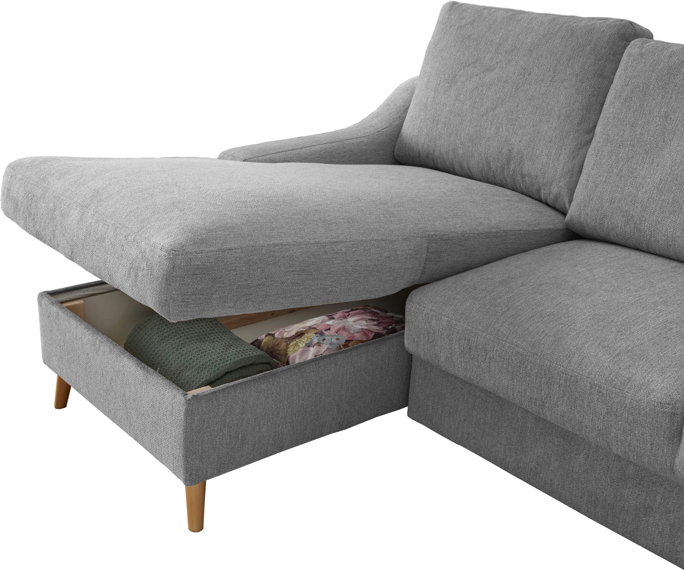 INOSIGN Ecksofa »Valentina L-Form«, 2 Zierkissen, mit Seitentasche, ausziehbarer Liegefläche, Bettkasten