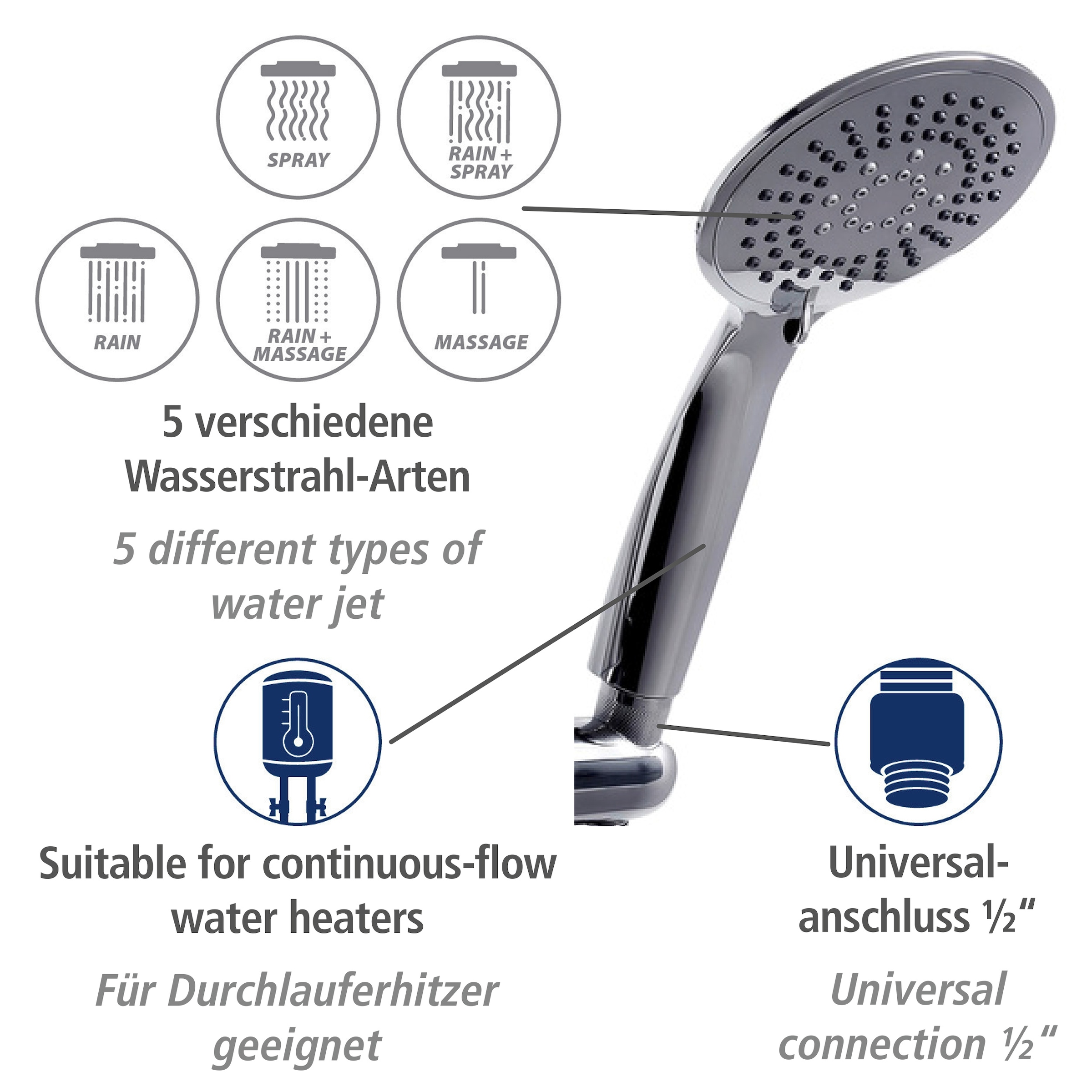 WENKO Stangenbrause-Set »Young«, Chrom, Länge Stange: 66 cm