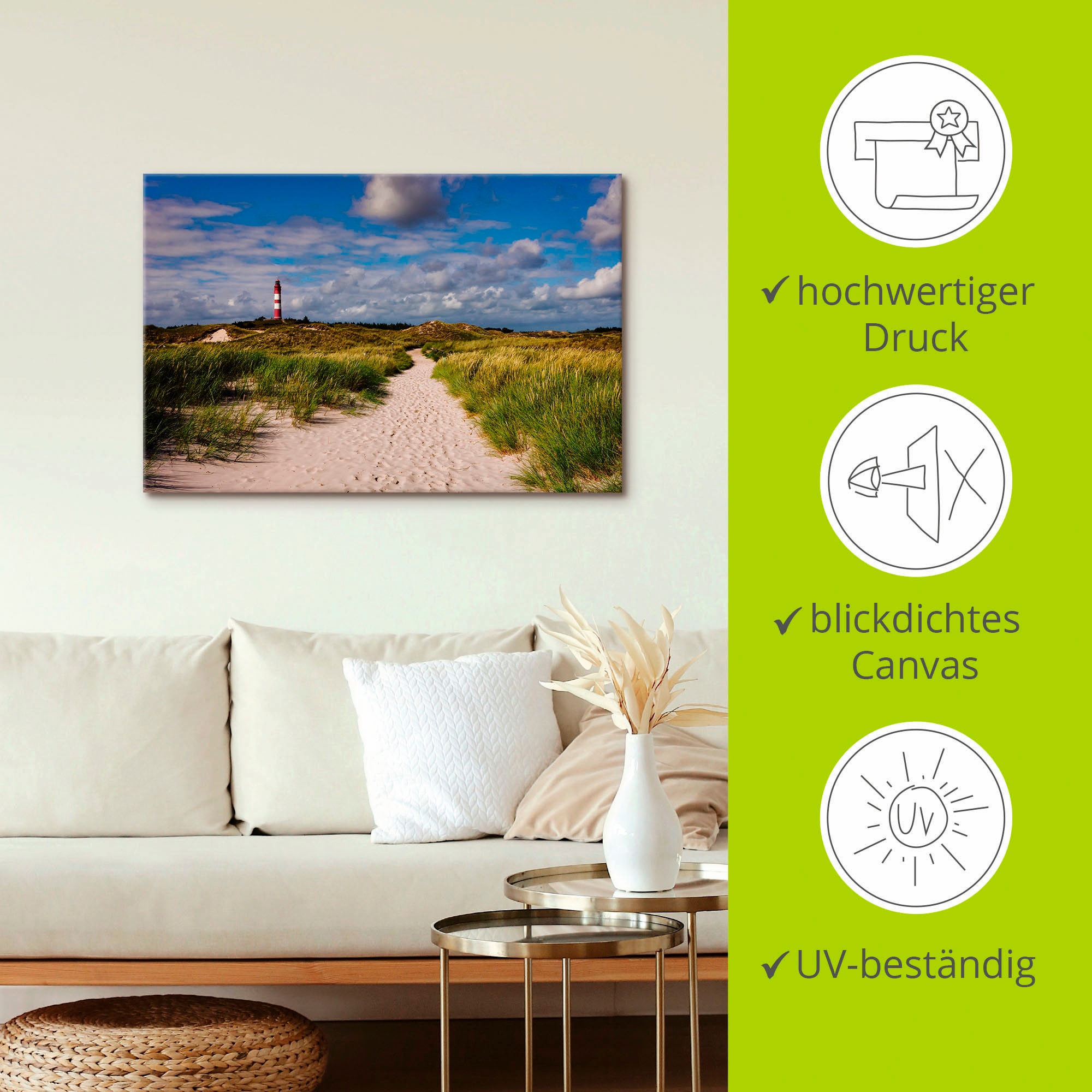 Artland Wandbild »Strandweg zum Leuchtturm - Insel Amrum«, Küste, (1 St.), als Alubild, Outdoorbild, Leinwandbild, Poster in verschied. Größen