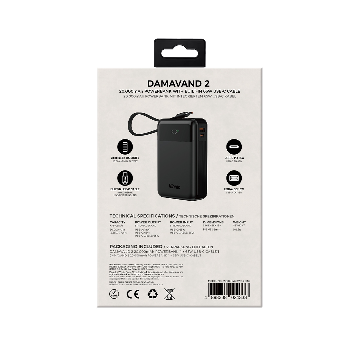 Vinnic Powerbank »DAMAVAND 2 20.000 mAh 65W«, Vinnic DAMAVAND 2 65W 20.000mAh Powerbank USB-C, Black, 20000 mAh