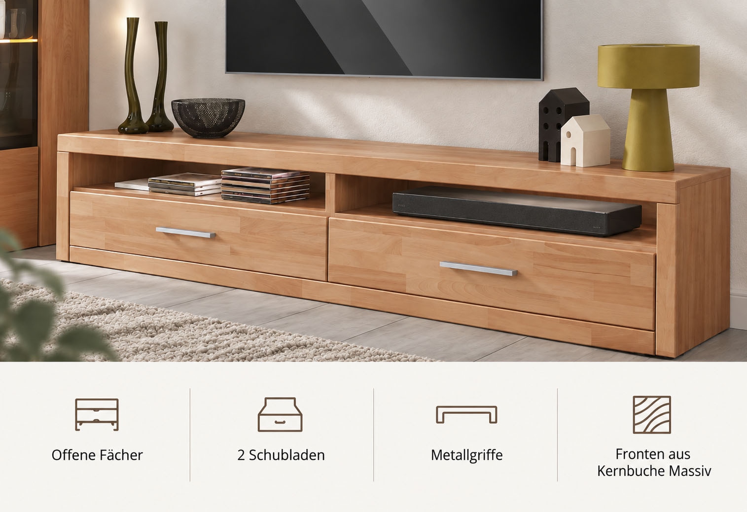 OTTO home Lowboard »Ribe,180cm breit, Fronten Massivholz,4 Fächer ,Kabeldurchführung« Holz massiv, Holzwerkstoff, Metall Griffe,2 Klappen