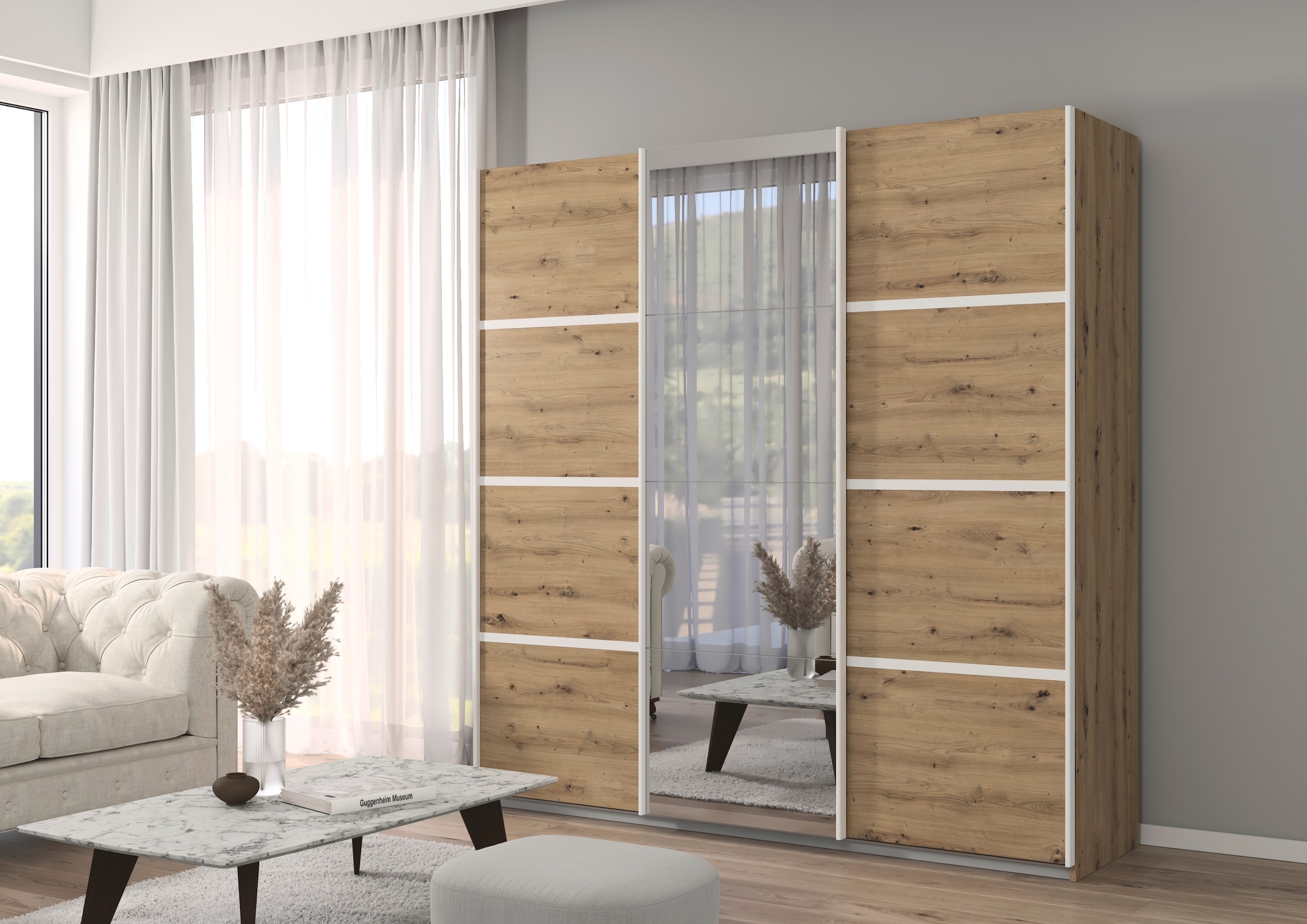 rauch Kleiderschrank »Schwebetürenschrank OTTO´s Choice Garderobe Schrank TOP ANGEBOT Avola«, (in 3 verschiedenen Ausstattungen BASIC/CLASSIC/PREMIUM inkl. Spiegel), mit eleganten Zierleisten in Chrom, Schwarz oder Weiß MADE IN GERMANY
