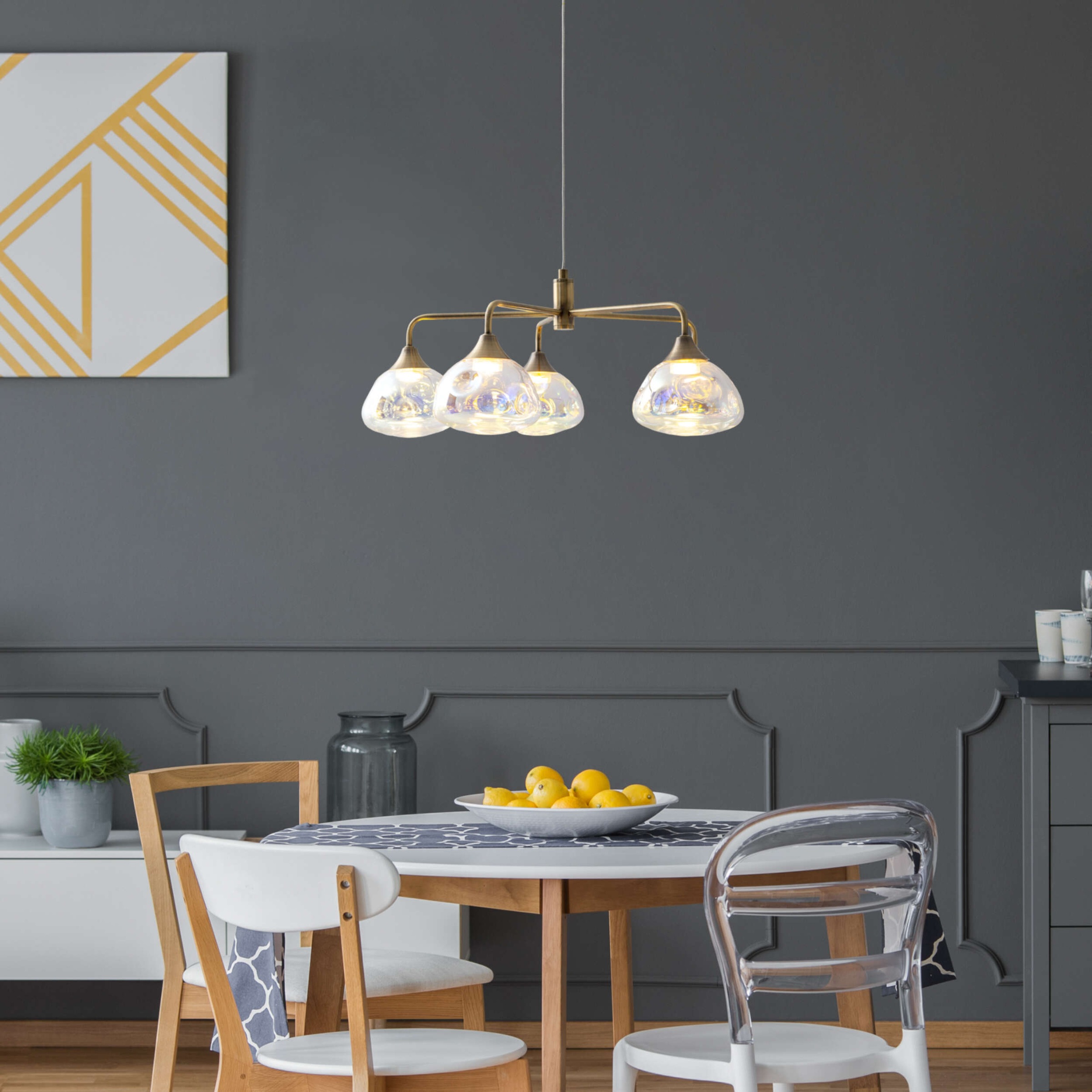 näve LED Pendelleuchte »Varna«, 5 flammig, Leuchtmittel LED-Modul | LED wechselbar, 5 flg., irisierende Gläser, Gestell messingfarben, warmweißes Licht