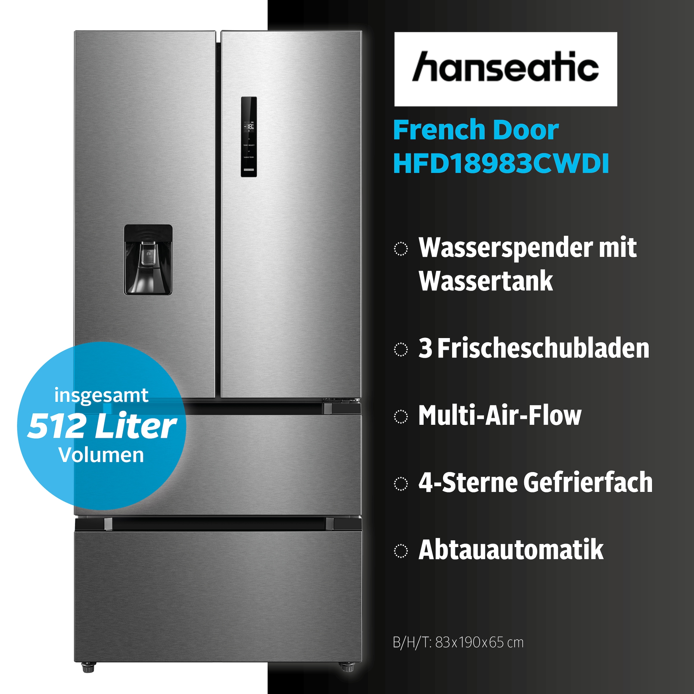 Hanseatic French Door »HFD18983CWDI« 190 cm hoch 83 cm breit Wasserspender mit Wassertank