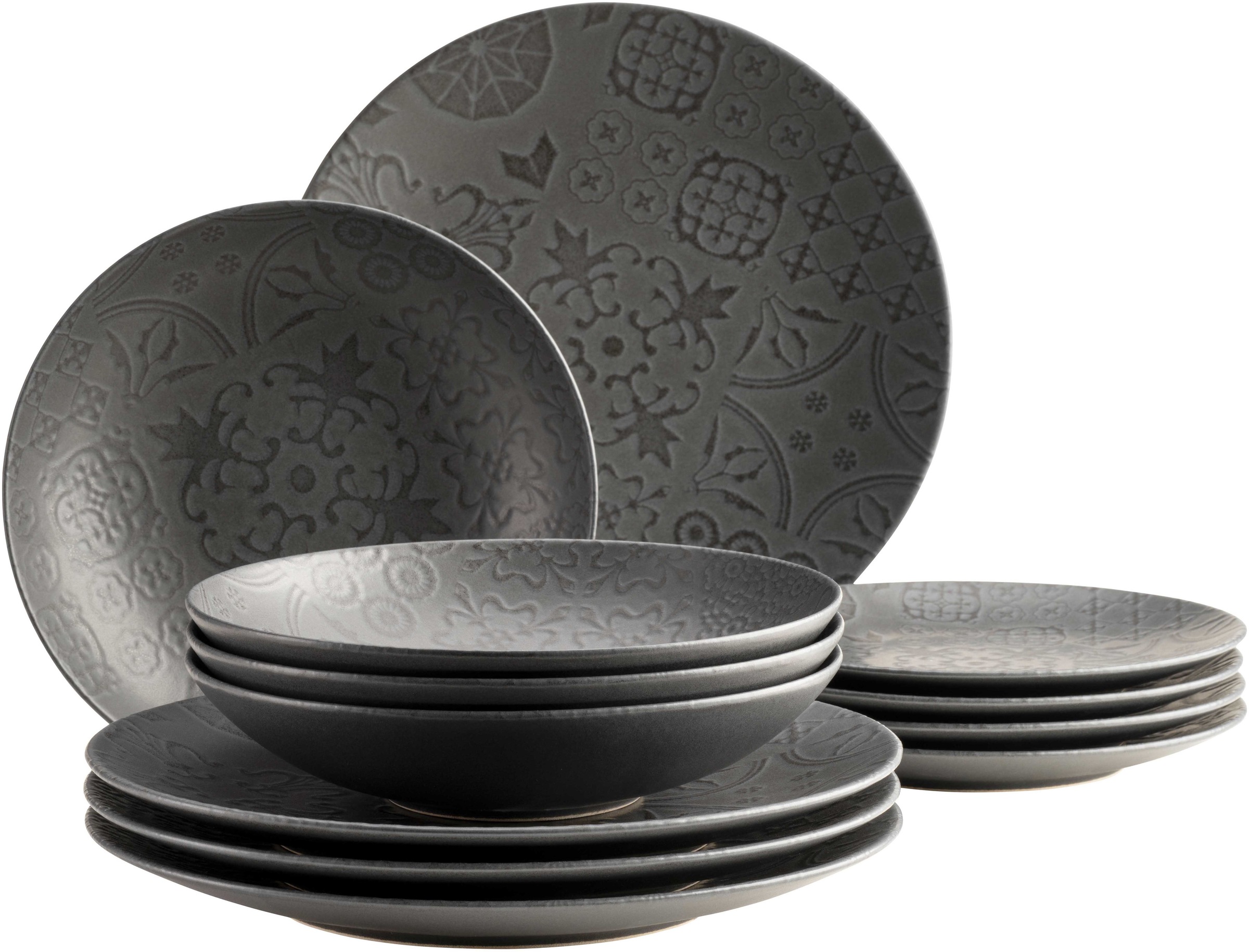 Mäser Schwarz Tafelservice "Trad. Tiles Geschirr Set Steinzeug" Teller Set von Baur
