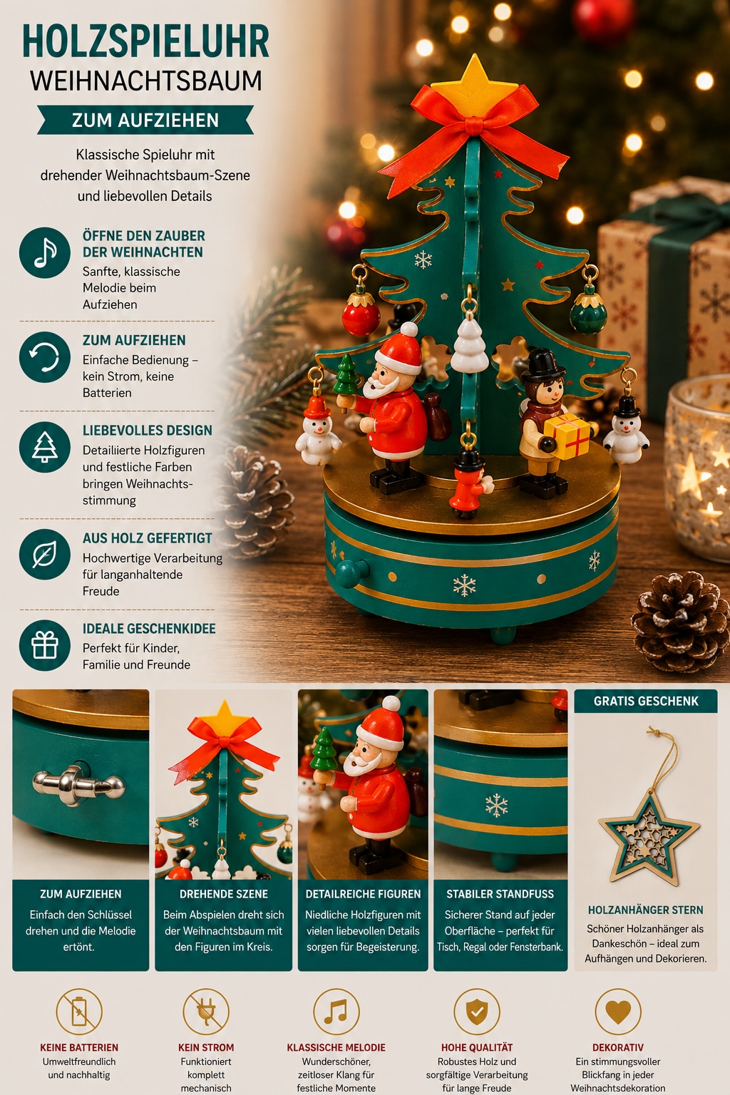 OTTO home Spieluhr »Weihnachtsbaum festlich, 1 Stück« Weihnachtsbaum aus Holz , Aufziehschlüssel, extra Anhänger, Melodie