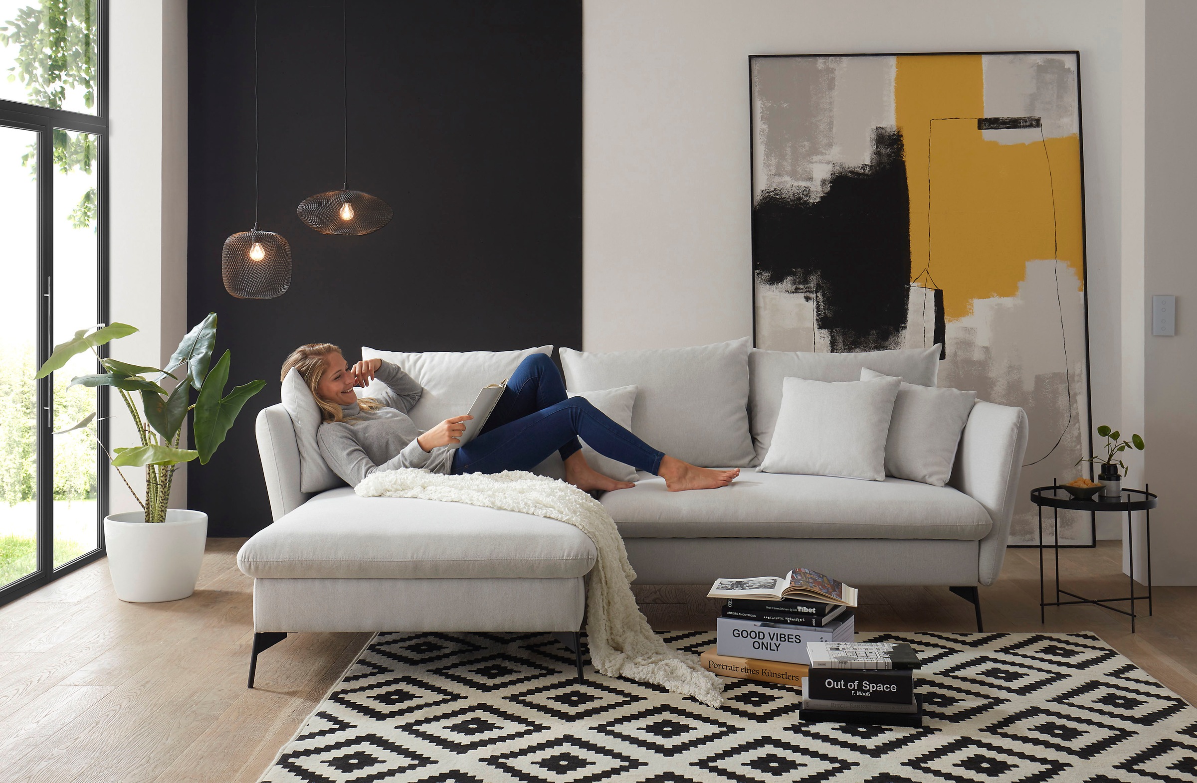 andas Ecksofa »LIVORNO,258 cm, L-Form,«, Schlaffunktion u. Bettkasten (139/224cm), Samt, Struktur, Webstoff