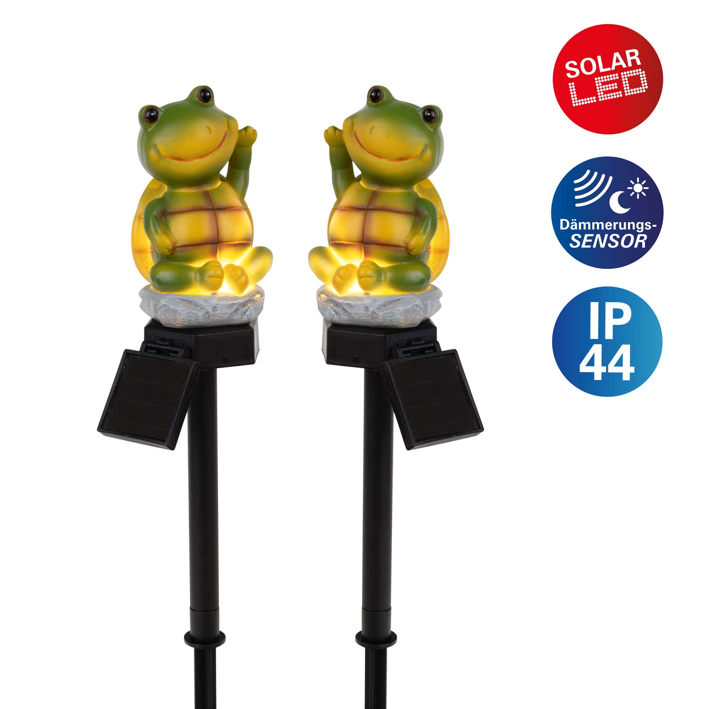 näve LED Solarleuchte "Calvino" LED-Modul 1 Stk. Warmweiß 2er Set sitzender winkender Frosch, Dämmerungssensor, Schiebeschalter