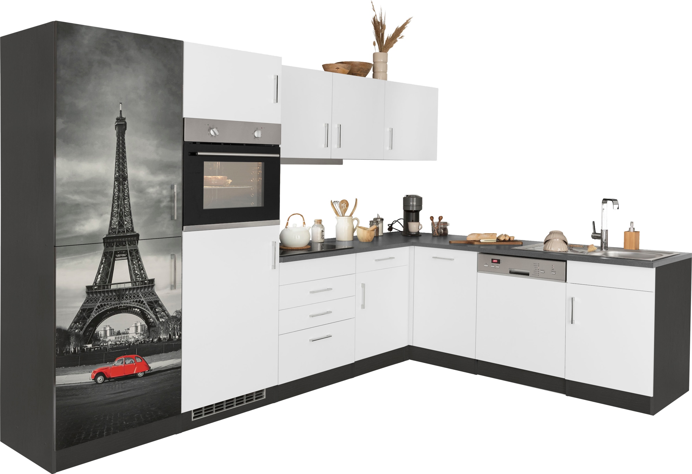 KOCHSTATION Küchenzeile "KS-Paris – Küchen mit einzigartigen Fotomotiven auf den Fronten" Stellbreite 290/220 cm, wahlweise mit E-Geräten und Induktion