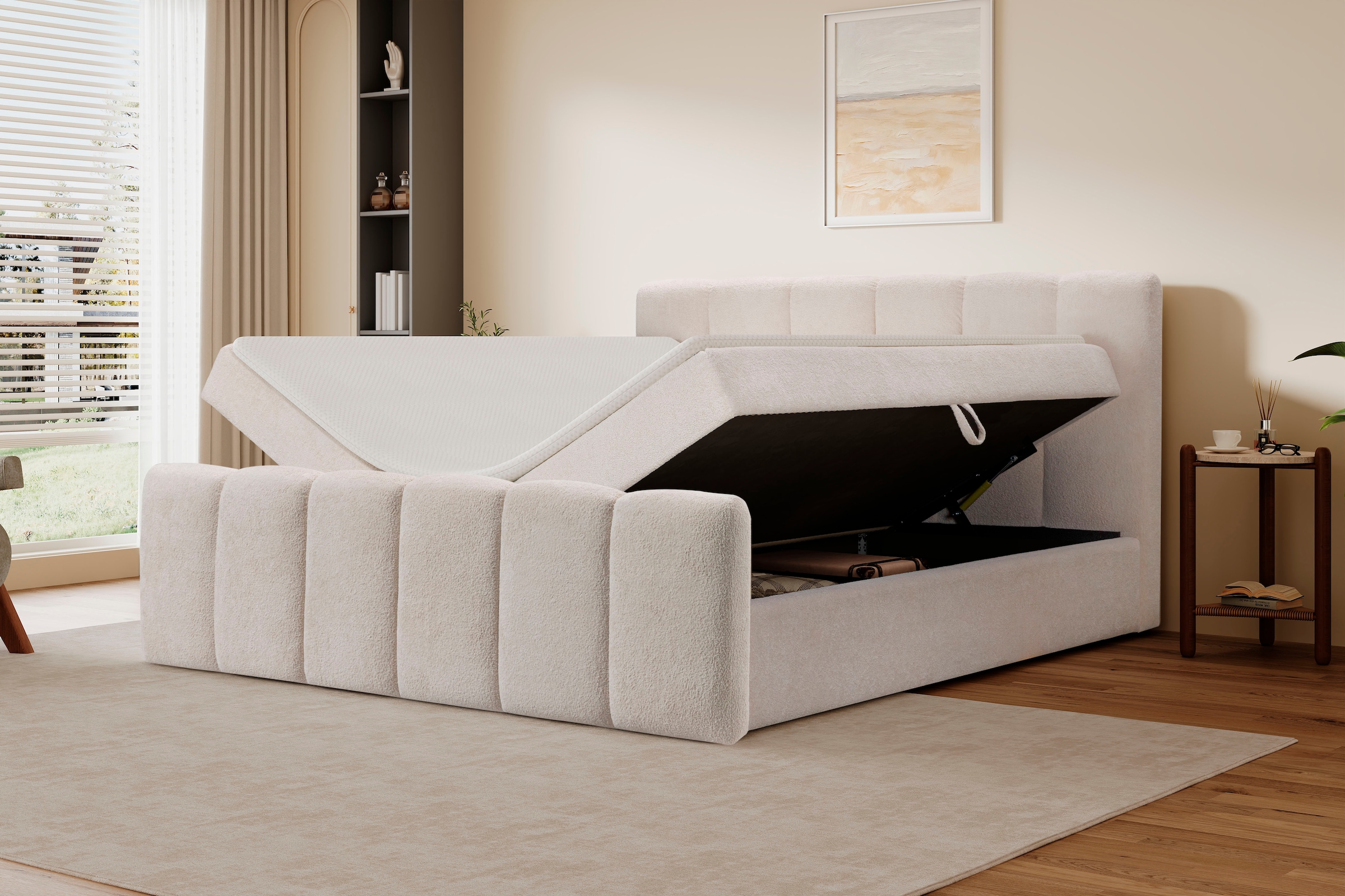 OTTO home Boxbett »MIMMIE, Polsterbett mit Bettkasten, Liegefläche 180x200cm« mit Komfortschaum-Topper, Chenille-Bezug
